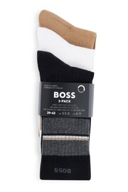 BOSS White/Black/Neutral Regular Length Ribbed Stripe Branded Socks 3 Pack - Image 3 of 3