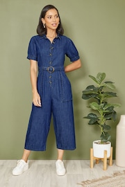 Yumi Blue Cotton Chambray Button Up Jumpsuit - Image 1 of 4