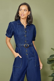 Yumi Blue Cotton Chambray Button Up Jumpsuit - Image 3 of 4