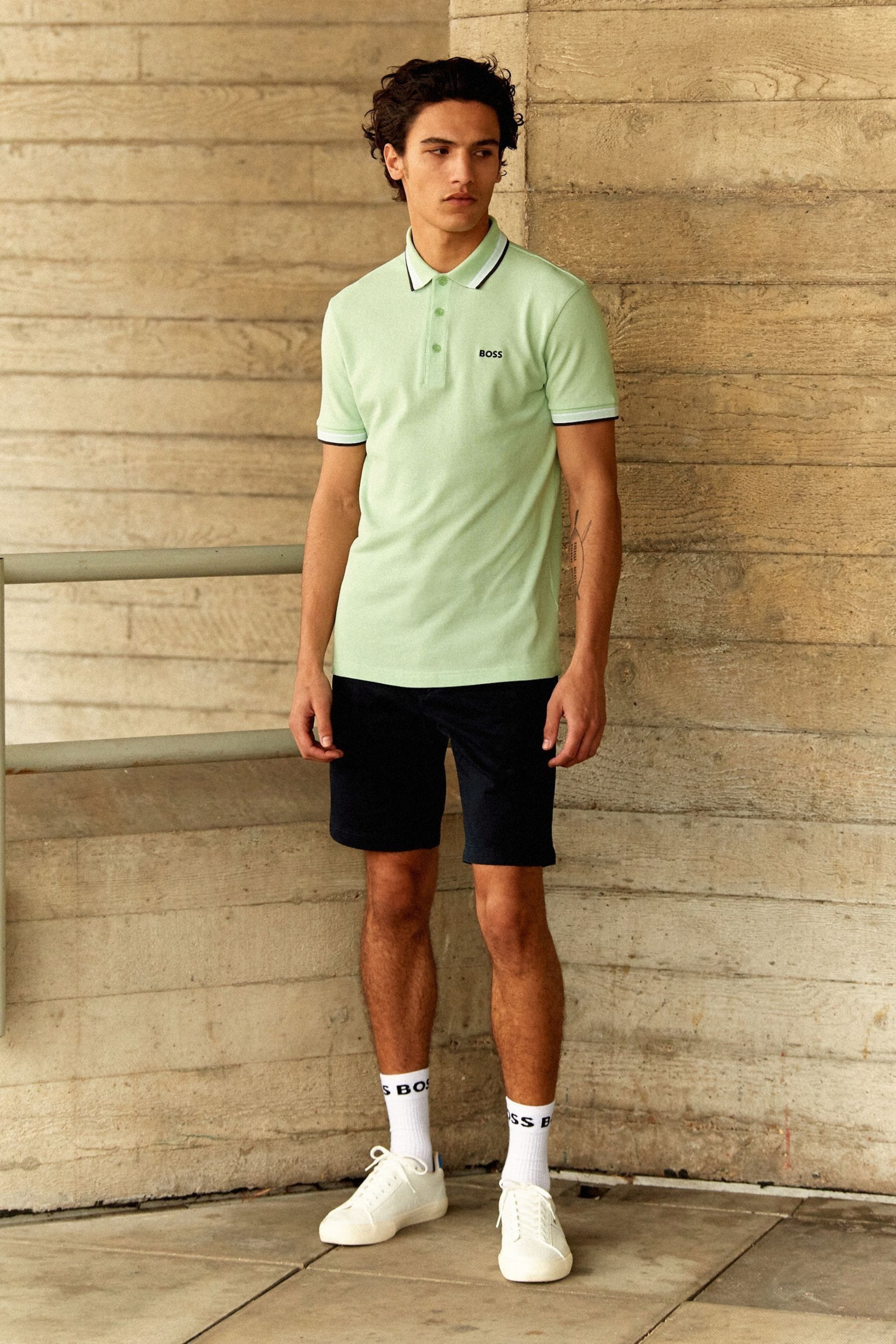 BOSS Bright Green Cotton Polo Shirt With Contrast Logo Details - Image 1 of 4