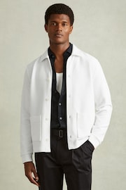 Reiss Off White Flippo Ribbed Cotton Blend Knitted Overshirt - Image 1 of 7