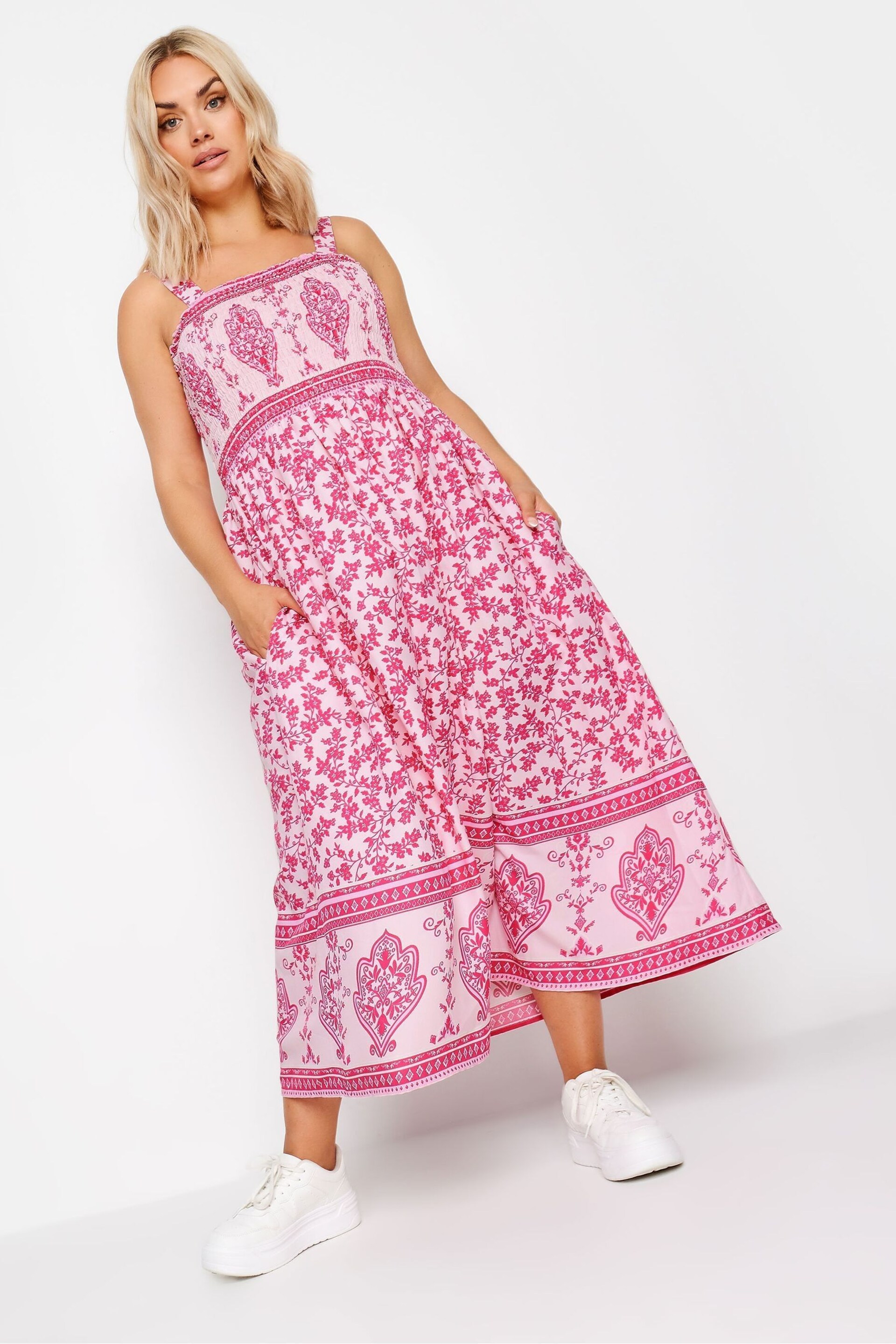 Yours Curve Pink Limited Border Shirred Maxi Dress - Image 1 of 4