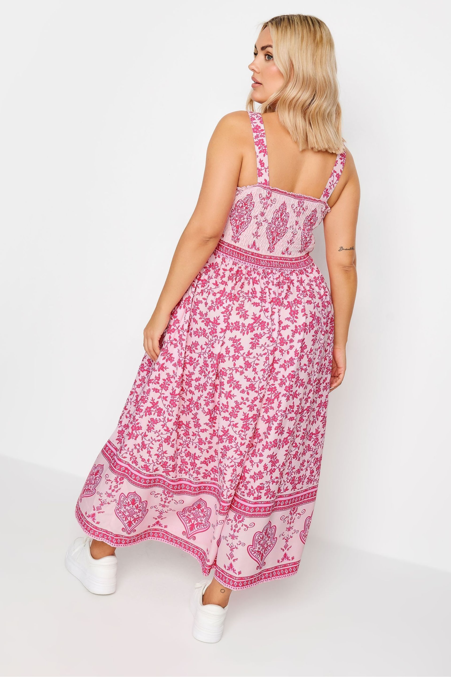 Yours Curve Pink Limited Border Shirred Maxi Dress - Image 3 of 4