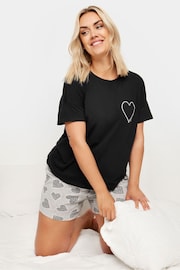 Yours Curve Black Heart Print Pyjama Set - Image 1 of 5