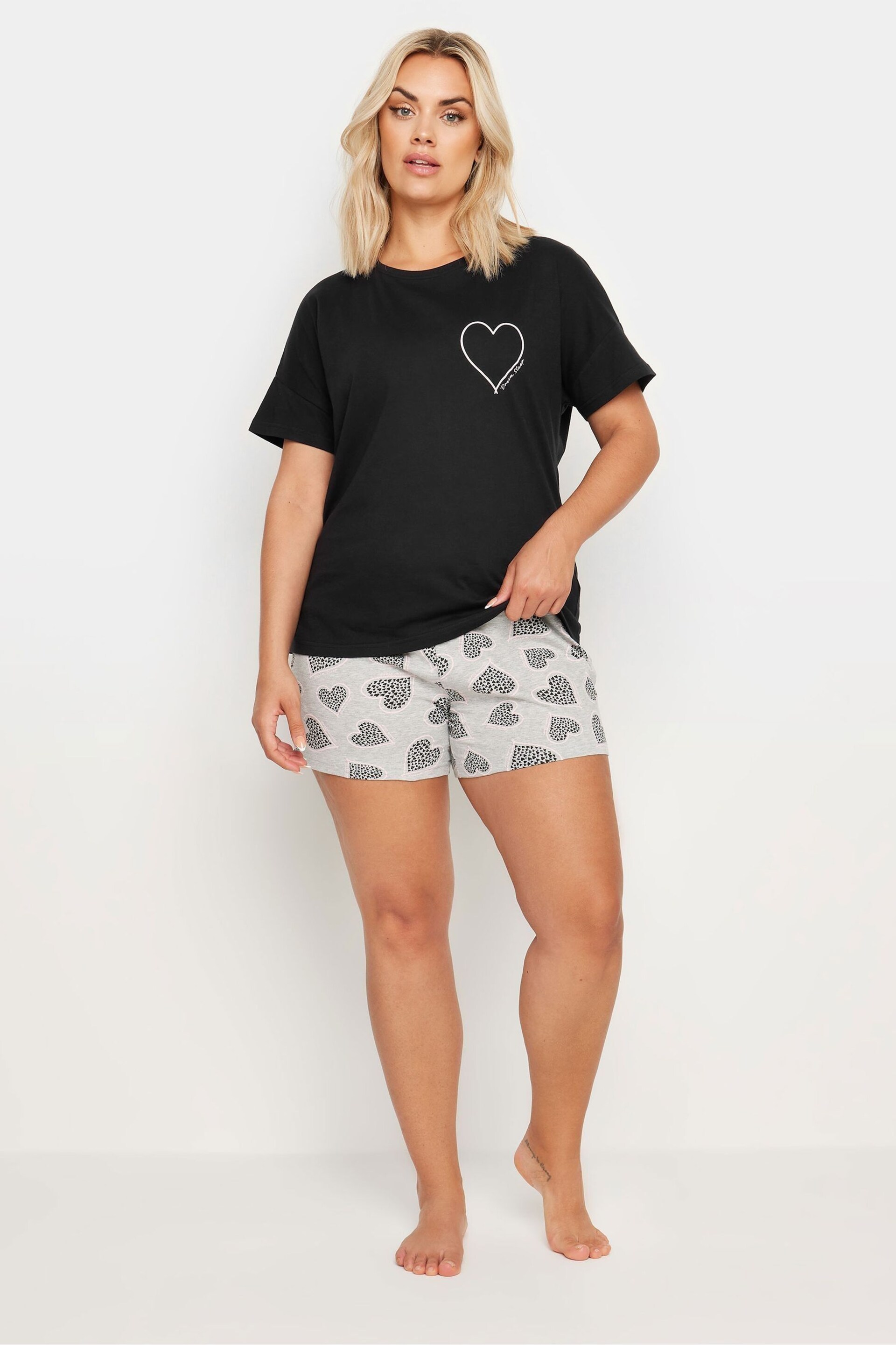 Yours Curve Black Heart Print Pyjama Set - Image 2 of 5
