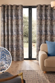 Blue/Natural Abstract Jacquard Eyelet Lined Curtains - Image 1 of 5