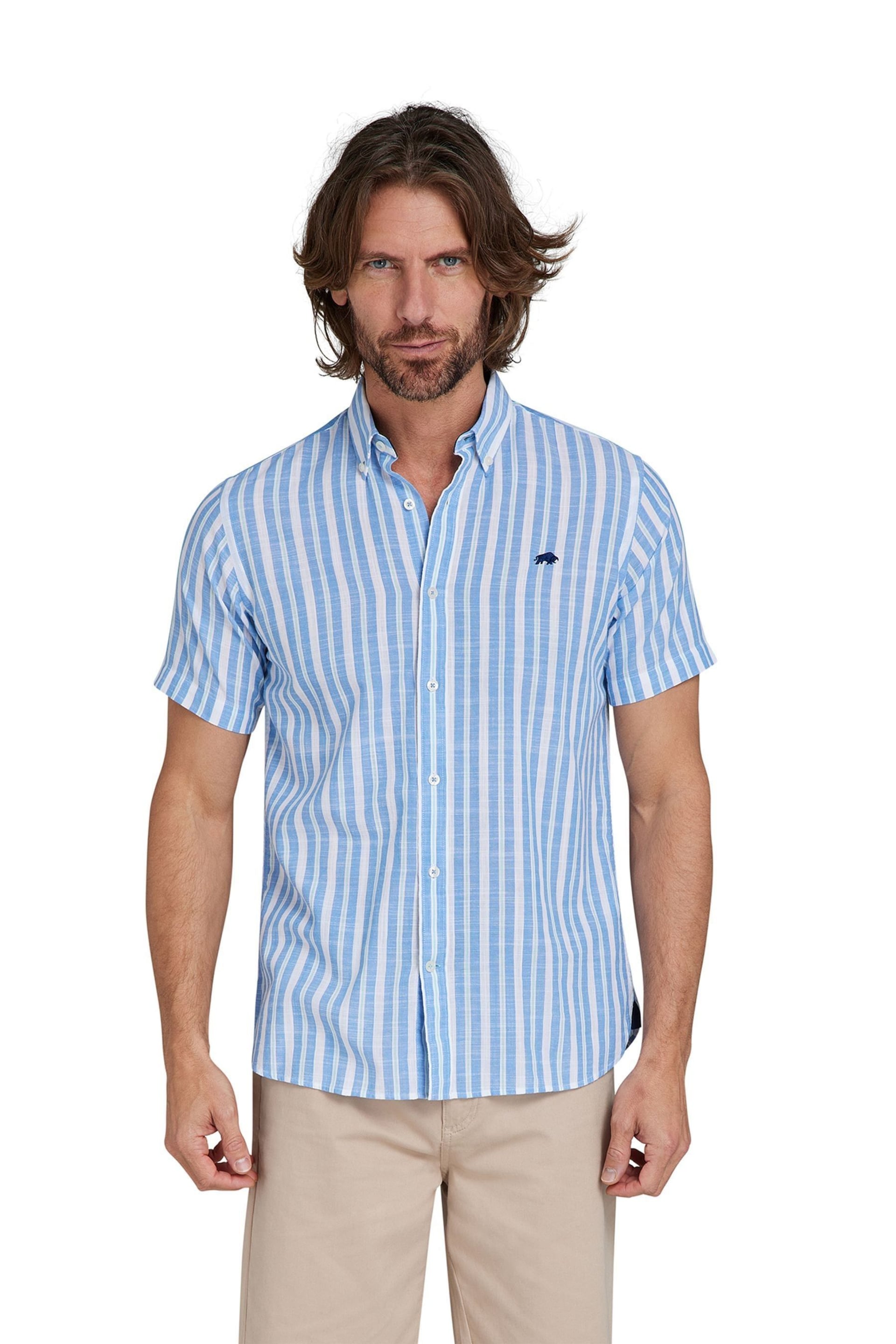 Raging Bull Blue Short Sleeve Multi Stripe Linen Look Shirt - Image 6 of 12