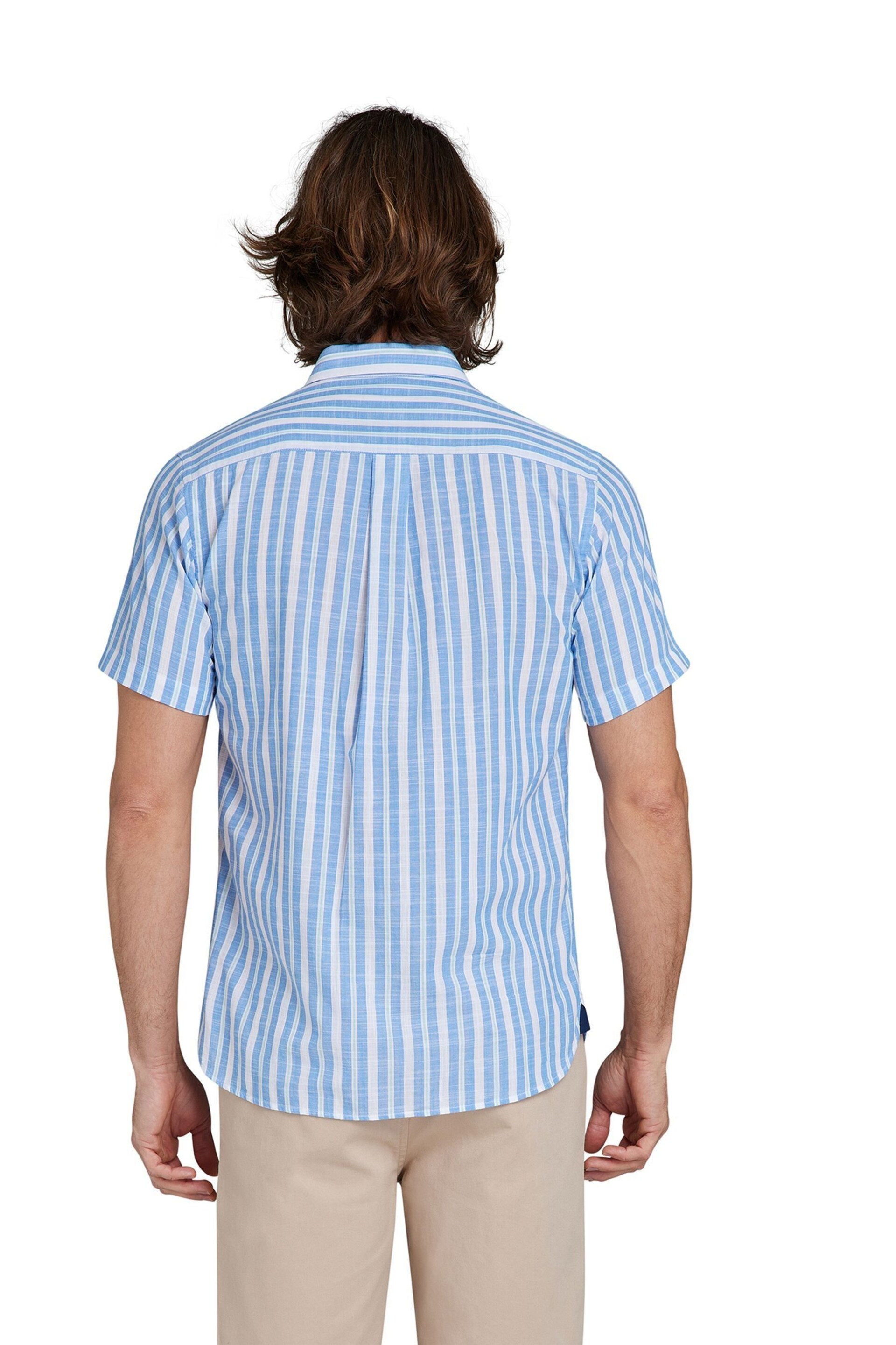 Raging Bull Blue Short Sleeve Multi Stripe Linen Look Shirt - Image 7 of 12