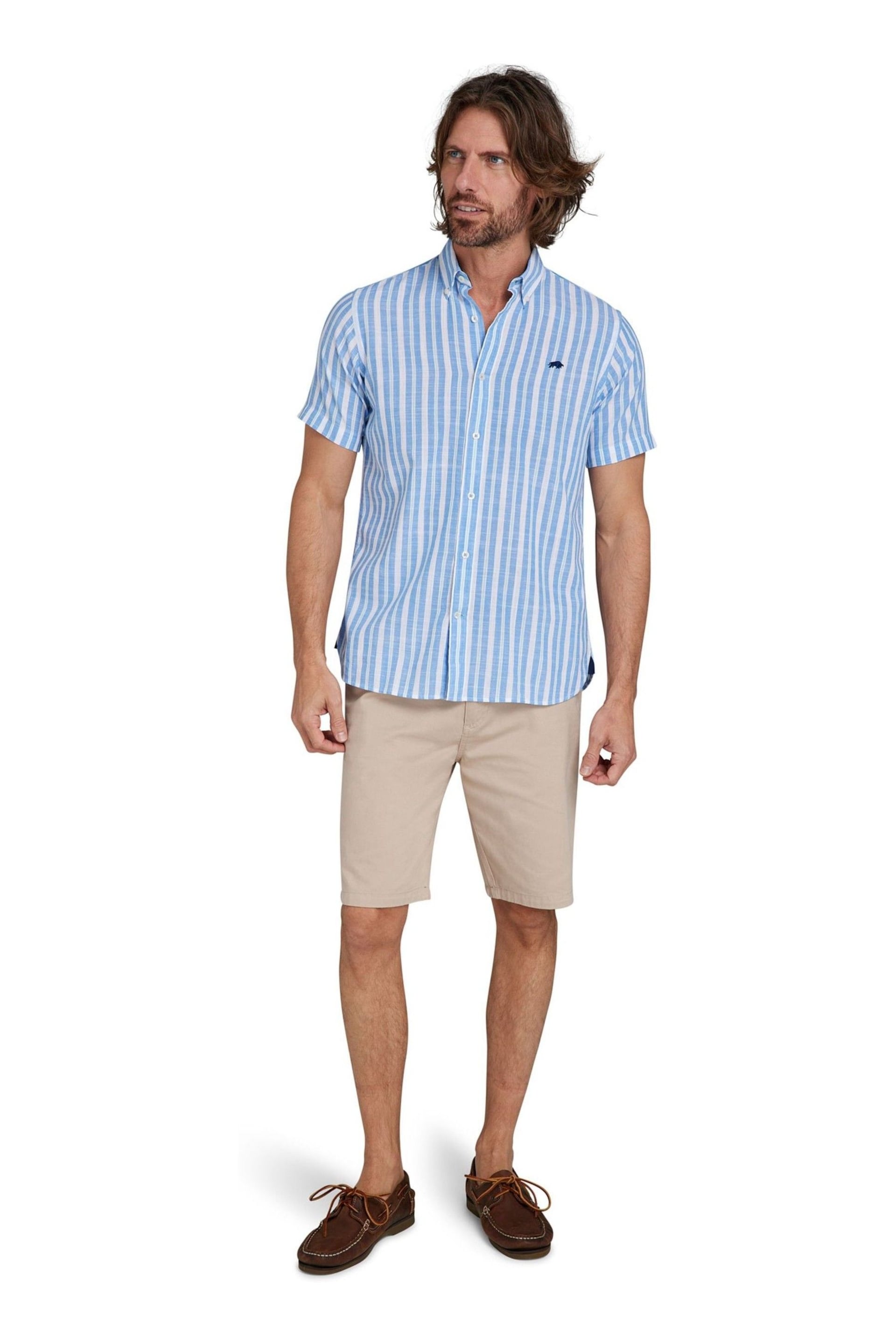 Raging Bull Blue Short Sleeve Multi Stripe Linen Look Shirt - Image 8 of 12