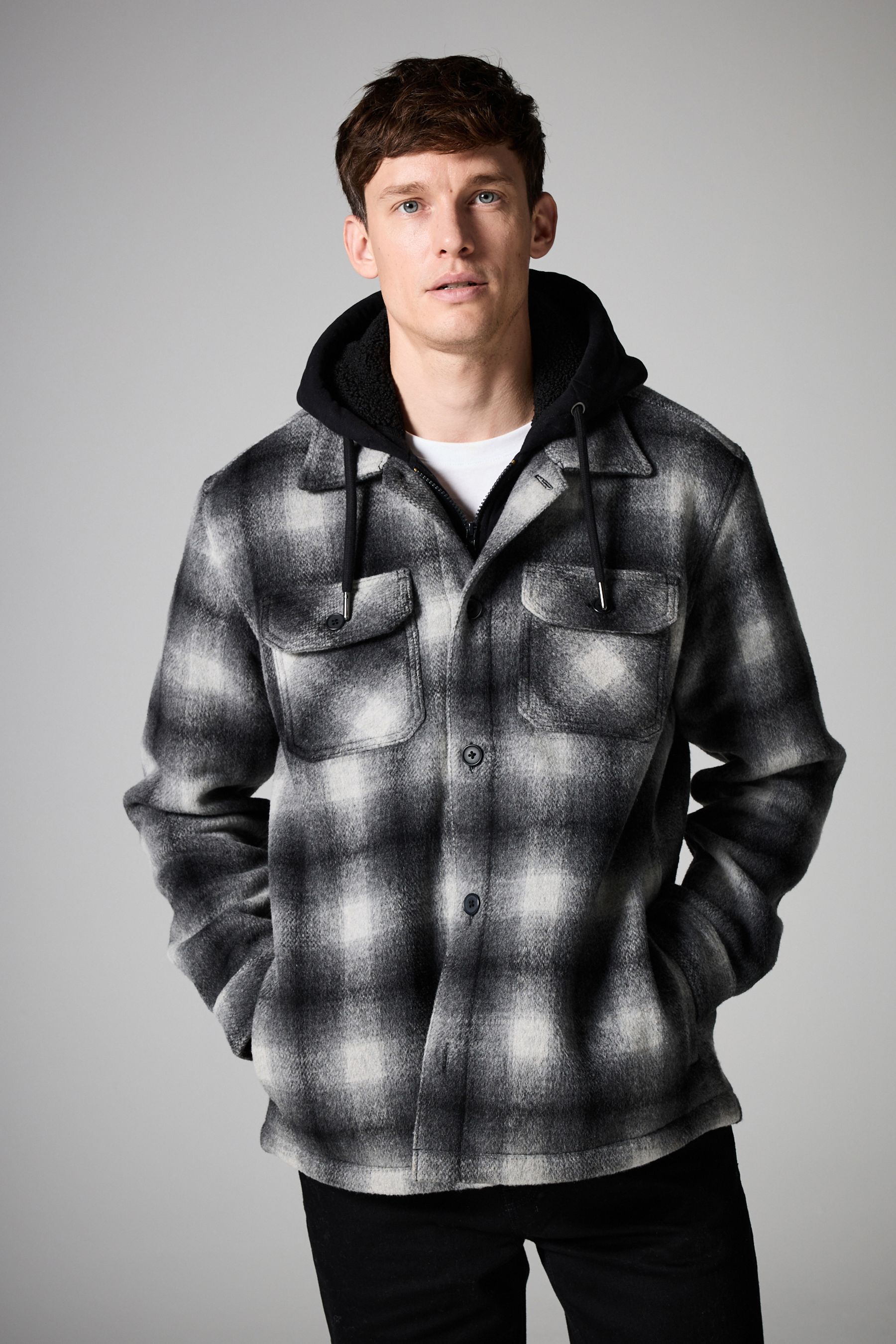 Buy Grey Ombre Check Hooded Borg Lined Shacket from Next Ukraine