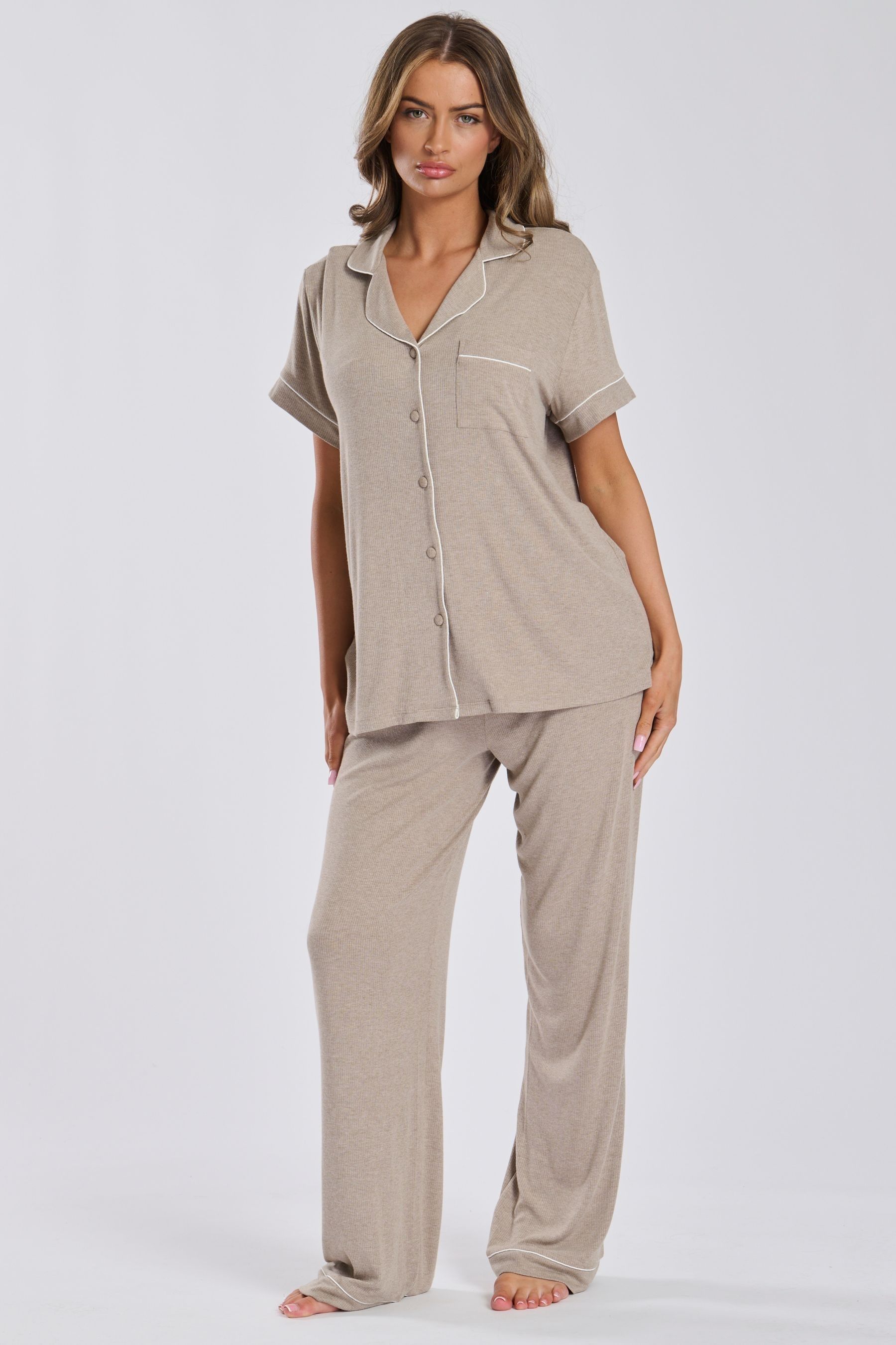 Buy Loungeable Cream Short Sleeve and Long Bottom Traditional Pyjama Set from Next Canada
