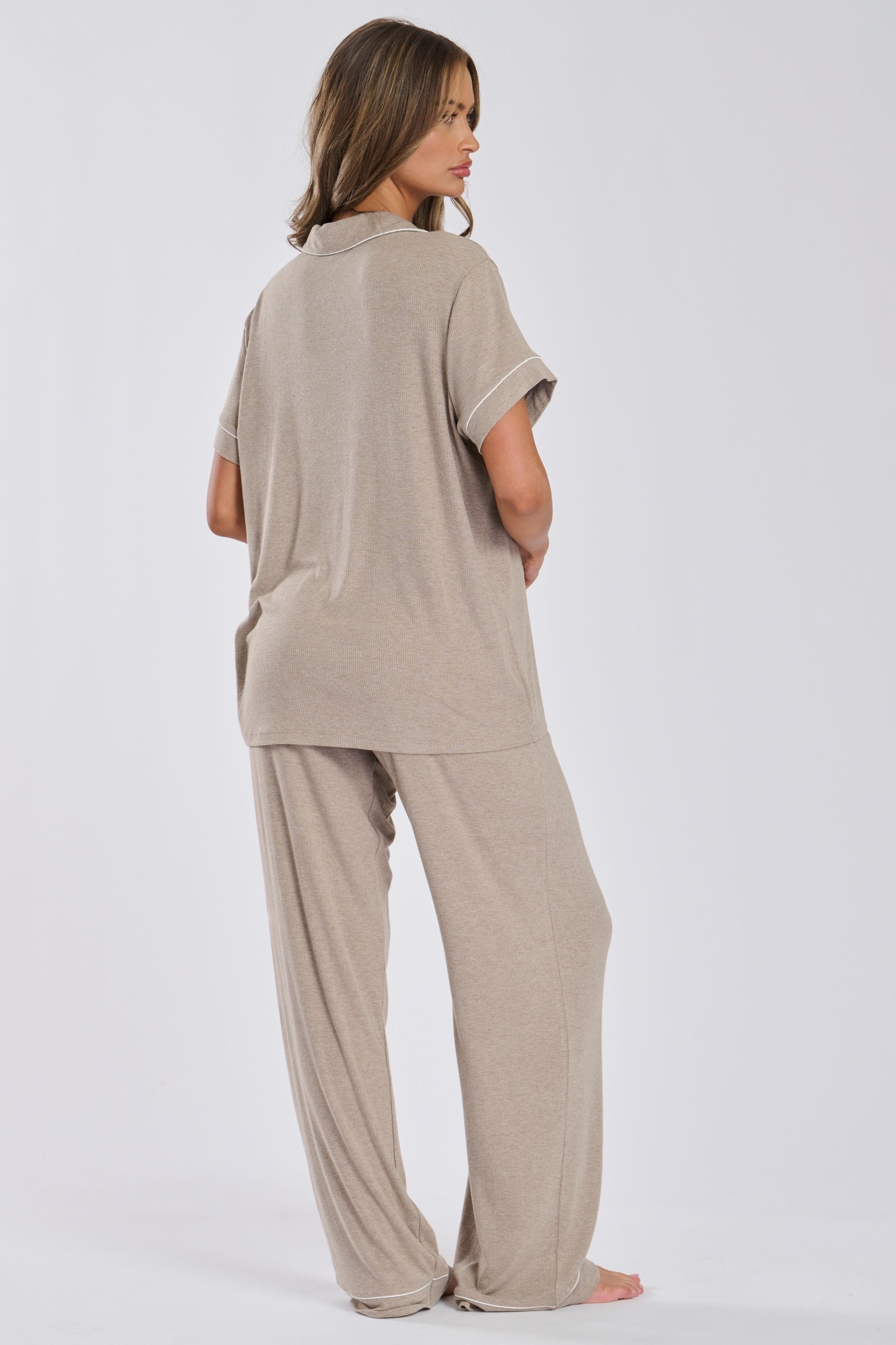 Buy Loungeable Cream Short Sleeve and Long Bottom Traditional Pyjama Set from Next Canada
