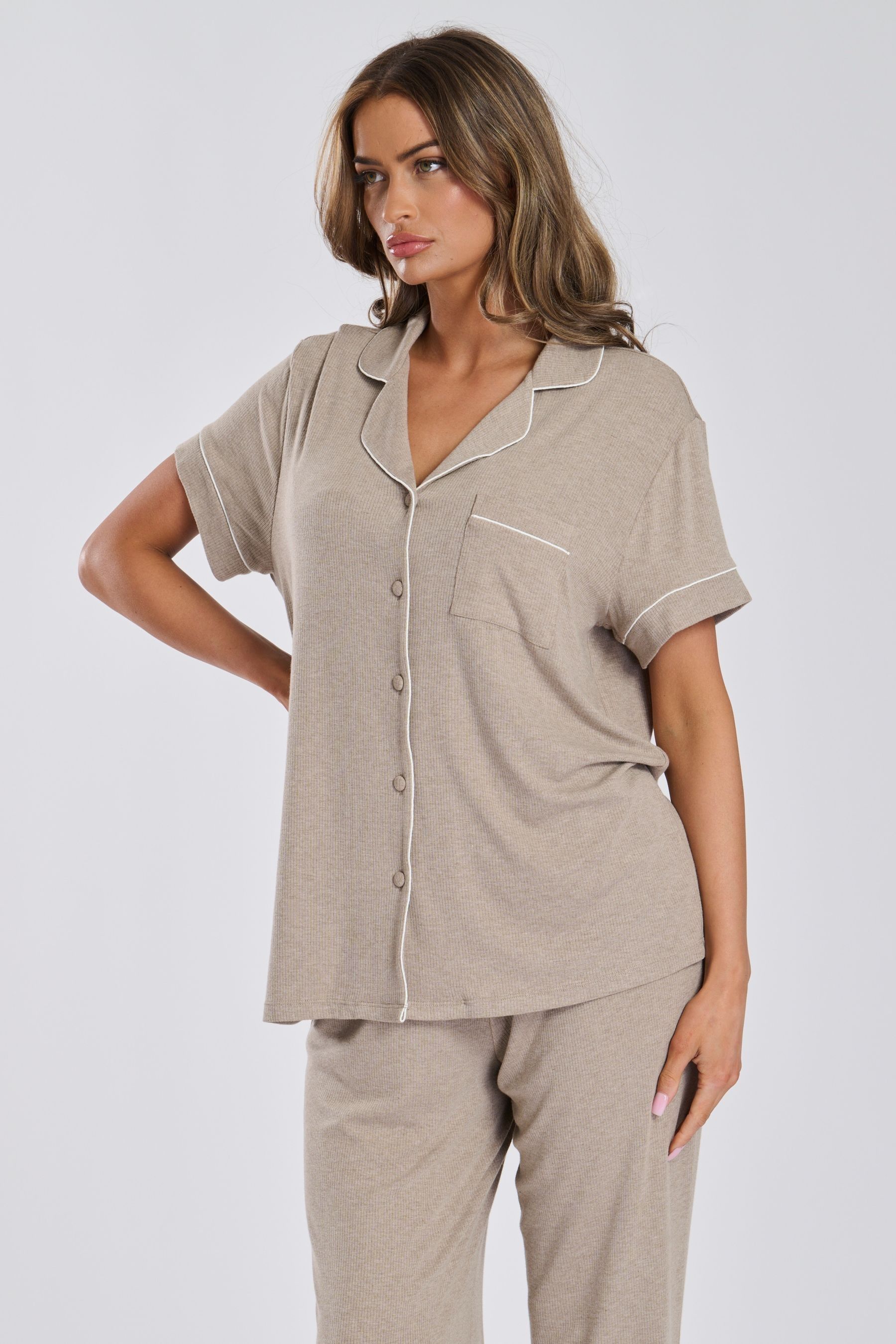 Buy Loungeable Cream Short Sleeve and Long Bottom Traditional Pyjama Set from Next Canada