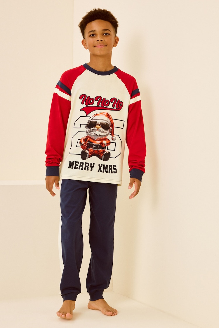 Red/Navy/White Christmas Varsity Santa - Single Long Sleeve 100% Cotton Pyjamas (3-16yrs) - 圖片 1，共 4