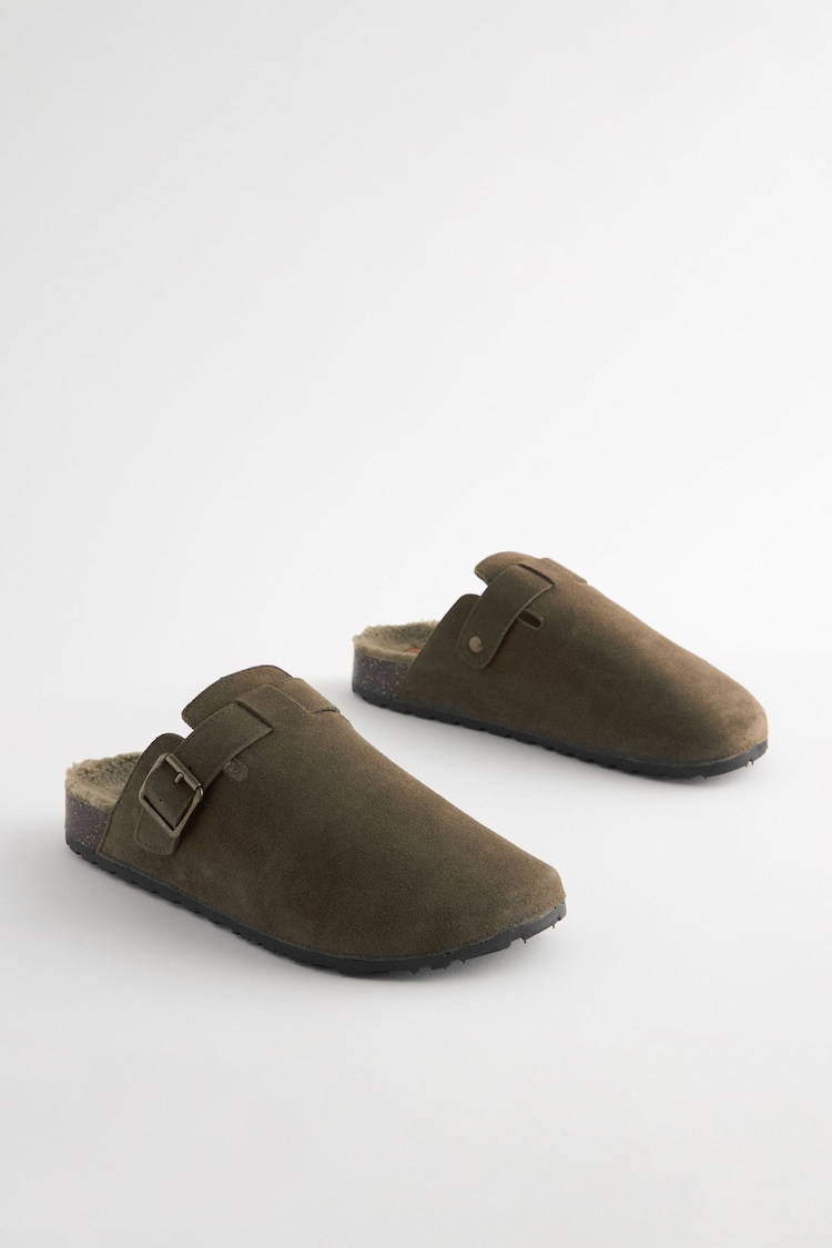 Khaki Green Borg Lined Closed Toe Mules - Image 1 of 7