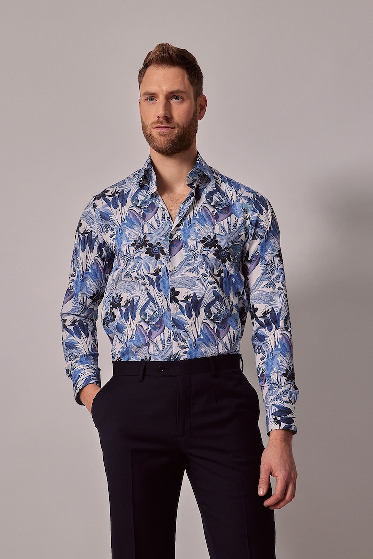 Hawes & Curtis Slim Blue Inverted Diamond Weave Mid Collar 100% Cotton Shirt - Image 4 of 4