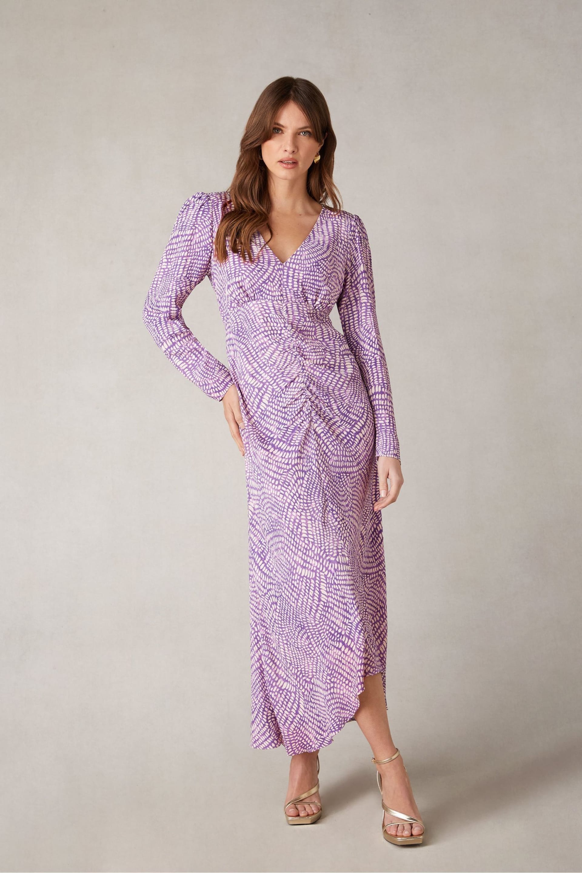Ro&Zo Purple Geo Print Ruched Front Midi Dress - Image 4 of 7