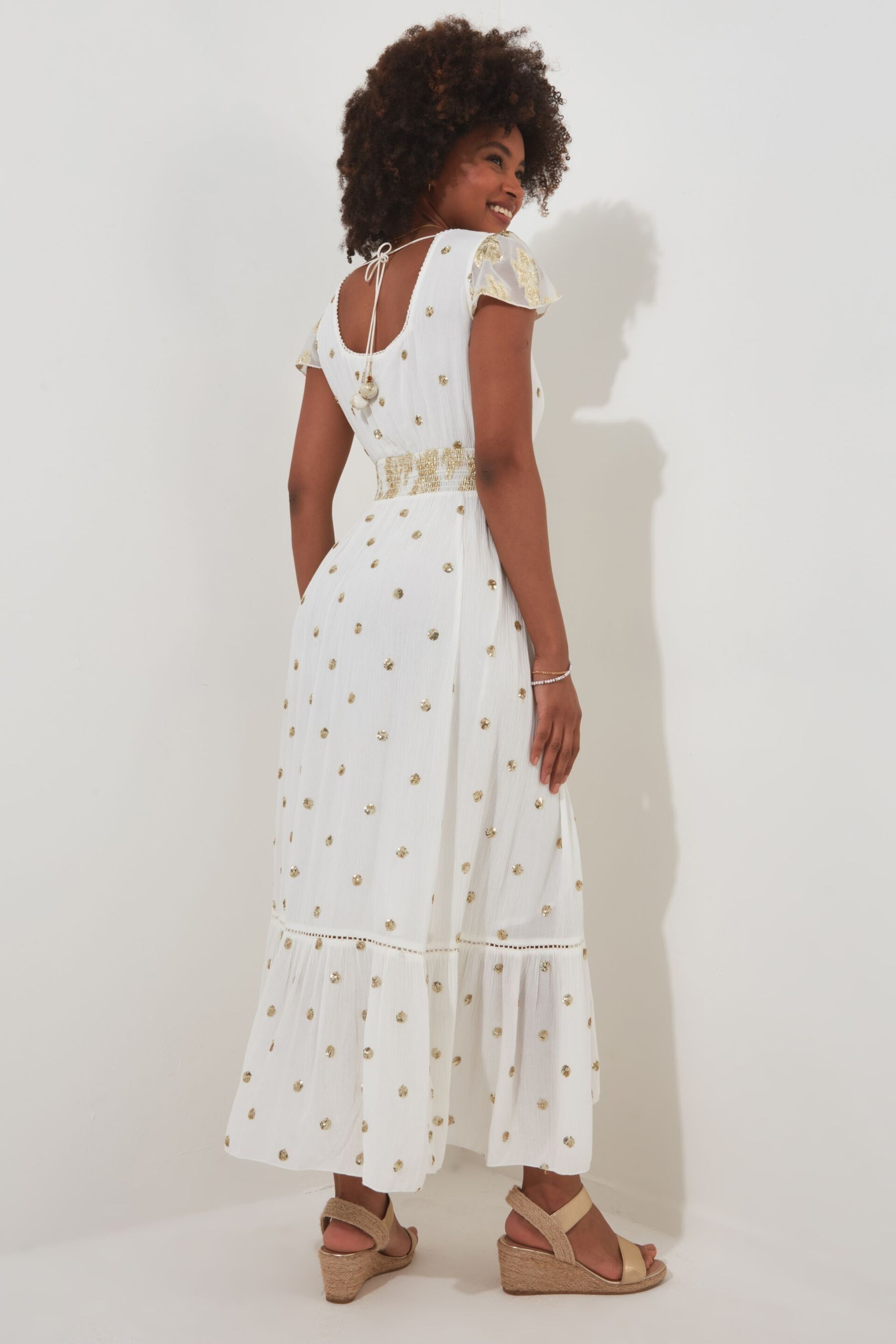 Joe Browns White Polka Dot Sequinned Cap Sleeve Maxi Dress - Image 3 of 7