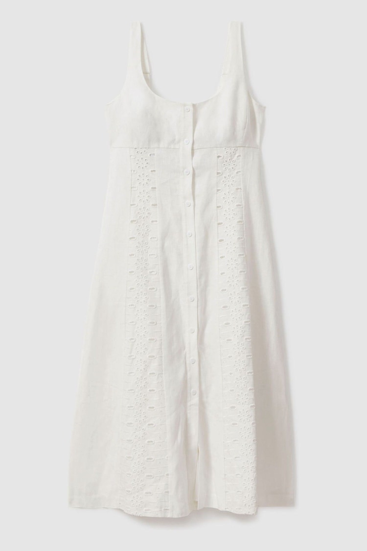 Reiss Ivory Clarice Petite Linen Broderie Midi Dress - Image 2 of 6