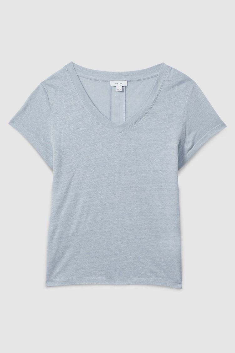 Reiss Light Blue Lottie Marled Linen V Neck T-Shirt - Image 2 of 6