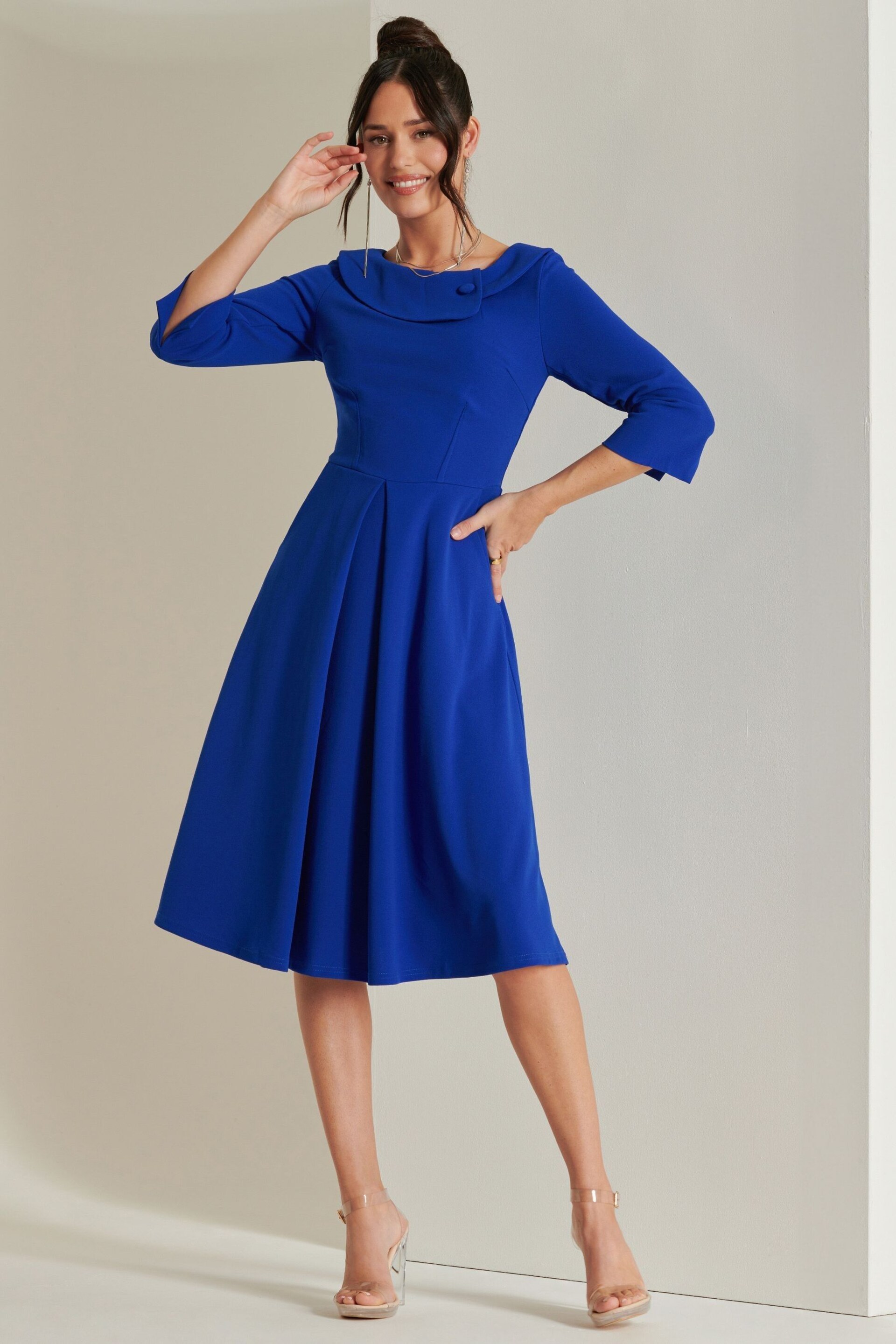 Jolie Moi Blue 3/4 Sleeve Fold Neck Midi Dress - Image 3 of 6