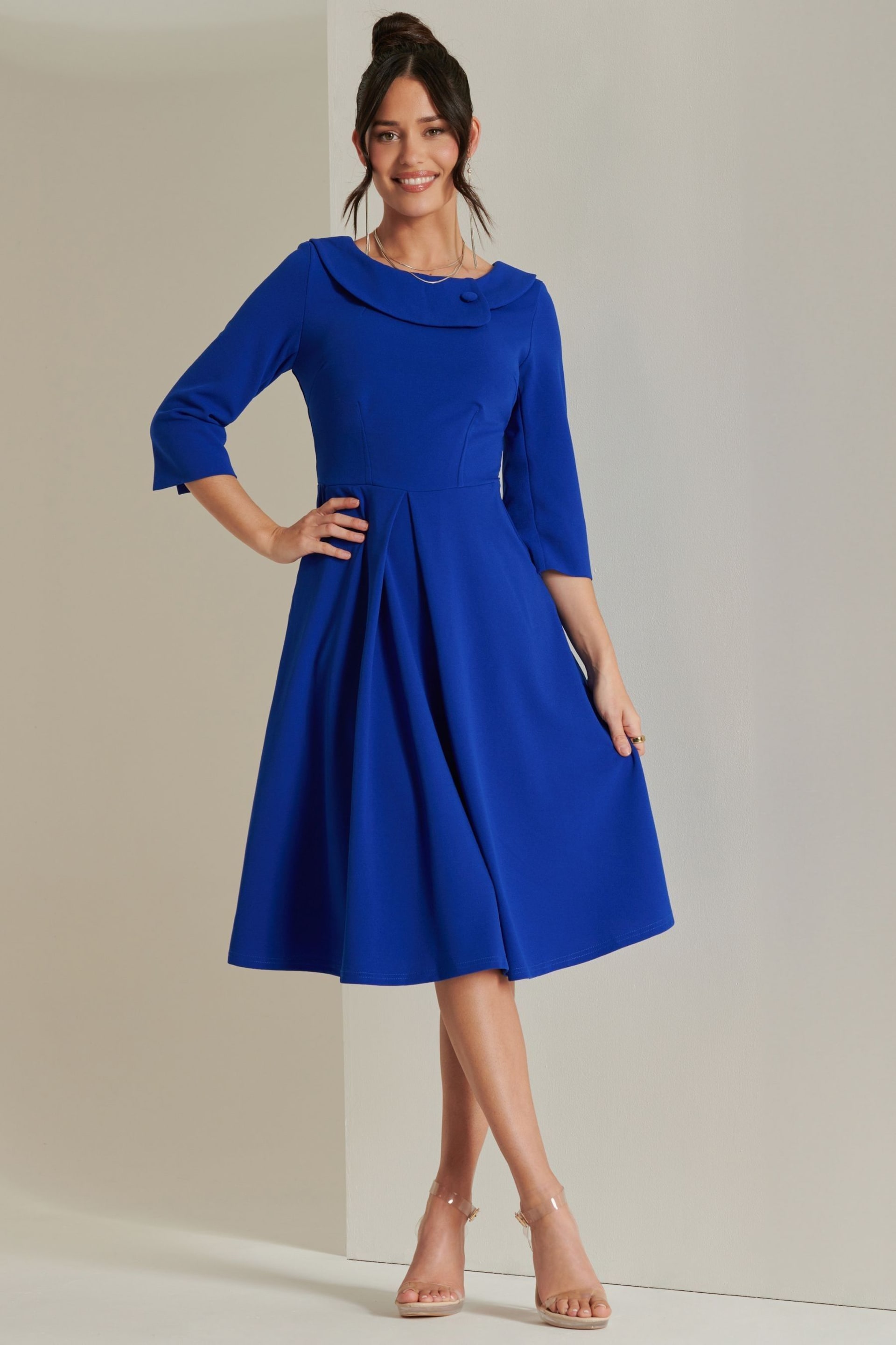 Jolie Moi Blue 3/4 Sleeve Fold Neck Midi Dress - Image 5 of 6