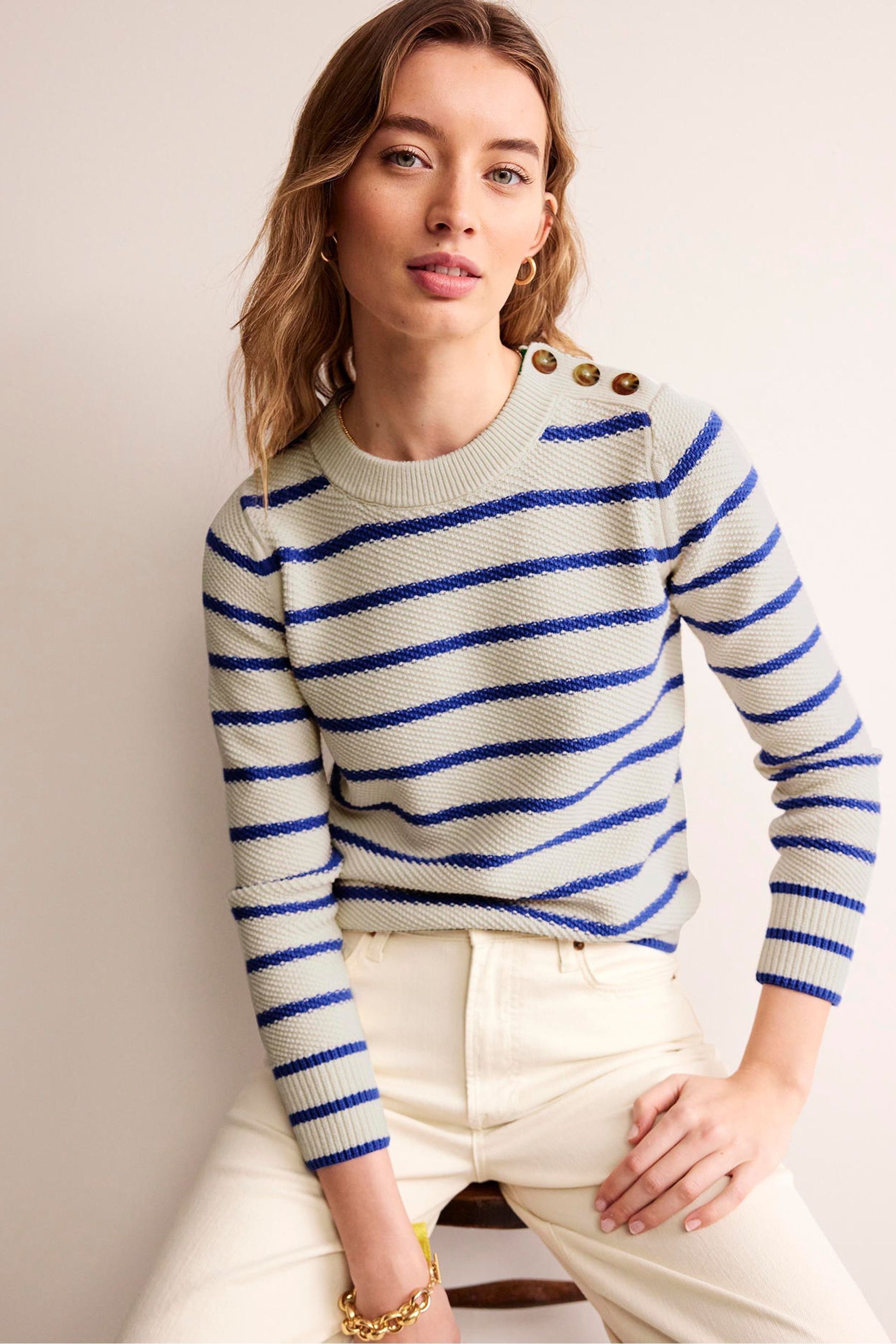 Buy Boden Cream Blue 100 Cotton Button Detail Stitch Jumper from Next USA