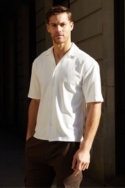 Threadbare White Textured Short Sleeve Cotton Shirt With Stretch - Image 1 of 4