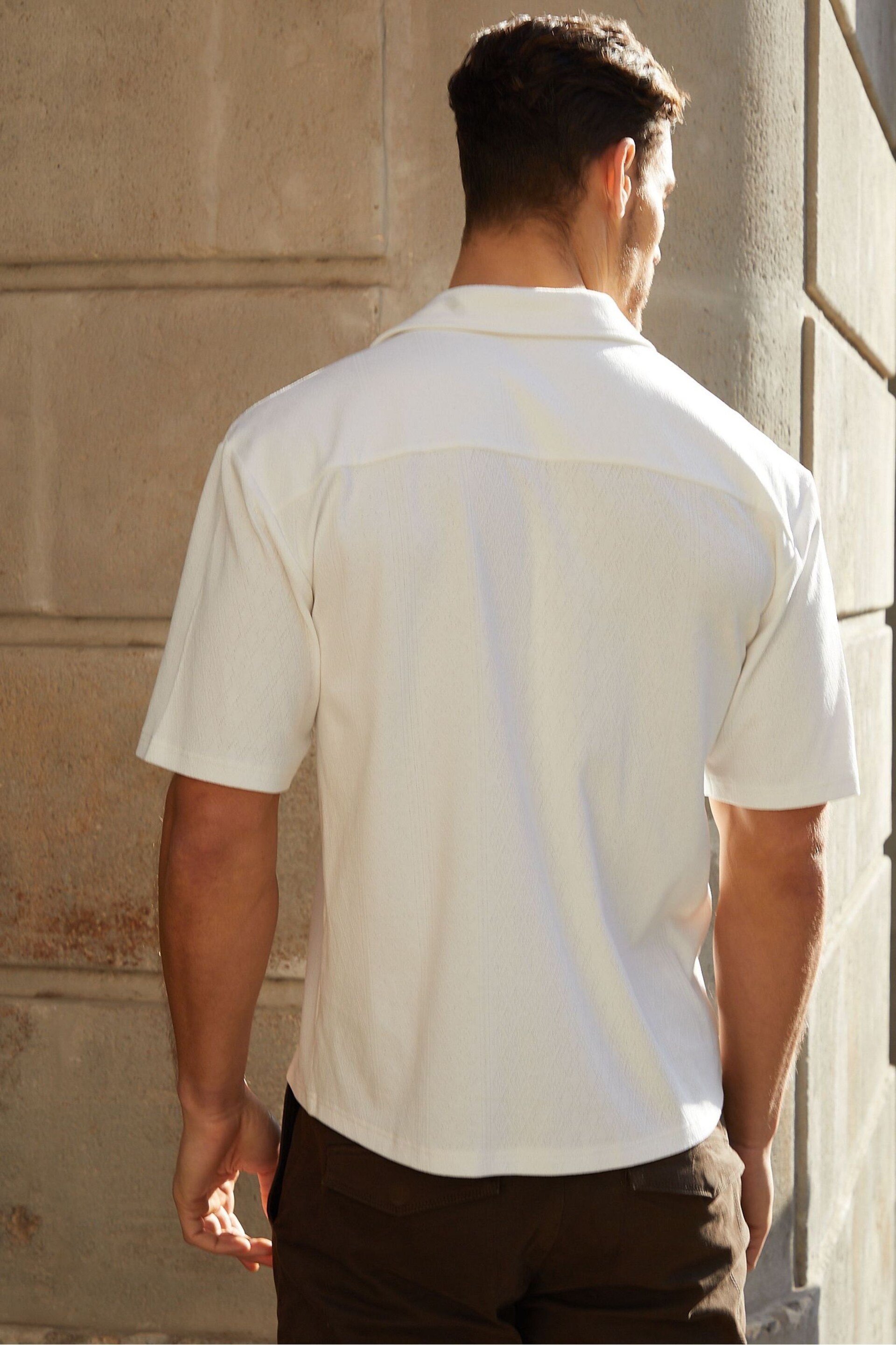 Threadbare White Textured Short Sleeve Cotton Shirt With Stretch - Image 3 of 4