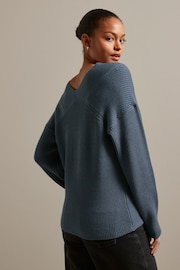 Blue Relaxed Fit Ribbed V-Neck Knitted Jumper - Image 3 of 6