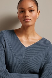 Blue Relaxed Fit Ribbed V-Neck Knitted Jumper - Image 4 of 6