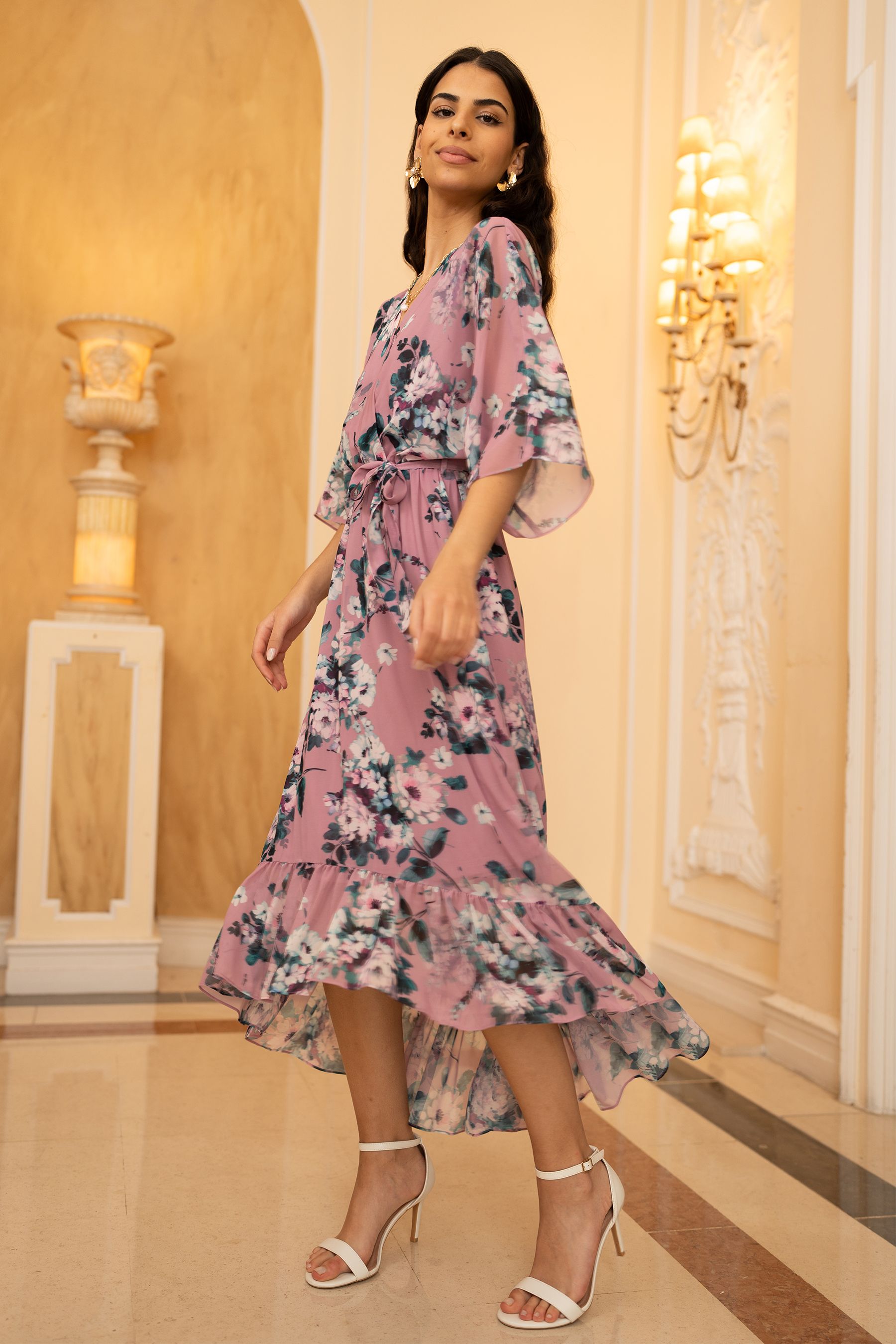 Yumi Light Pink Floral Kimono Sleeves Dip Hem Wrap Midi Dress