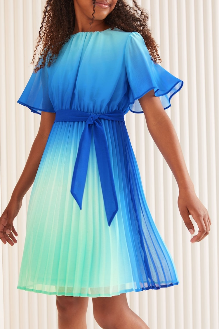 Love & Roses Blue Ombre Flutter Sleeve Pleated Dress (5-16yrs) - Image 2 of 4