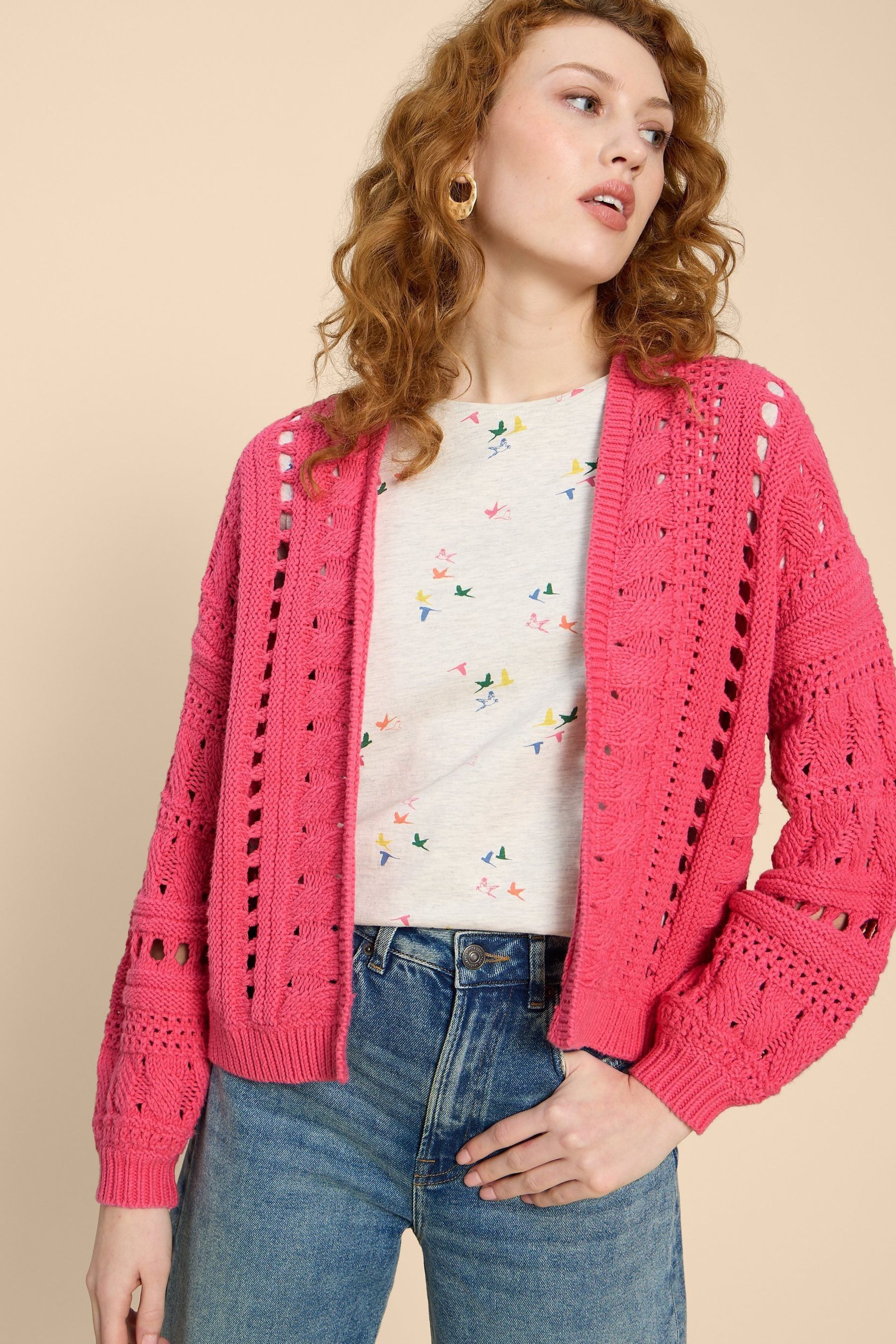 Buy White Stuff Pink Casey Crochet Cardigan from Next Luxembourg