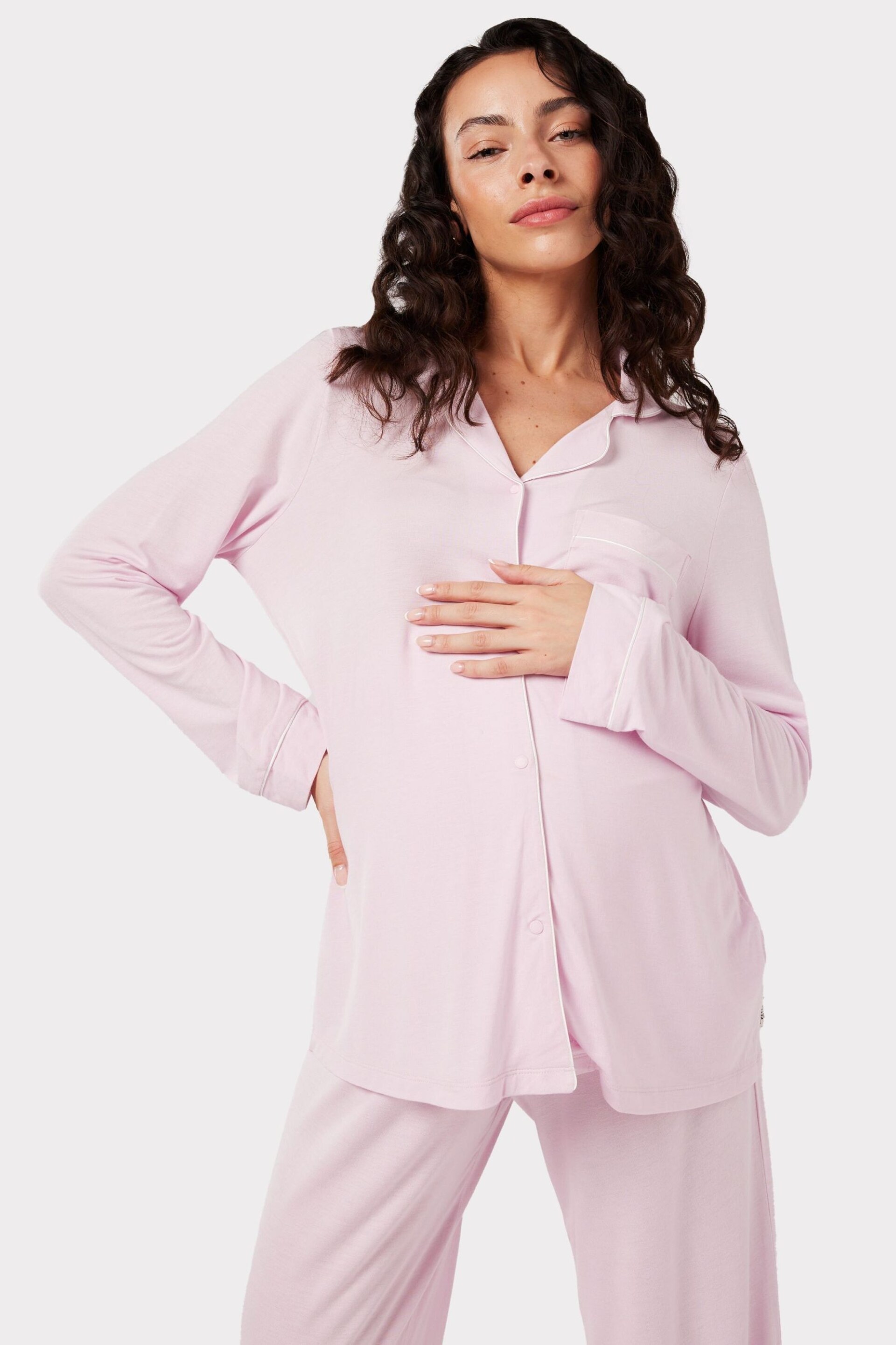 Chelsea Peers Pink Maternity Maternity Modal Button Up Long Pyjama Set - Image 3 of 5