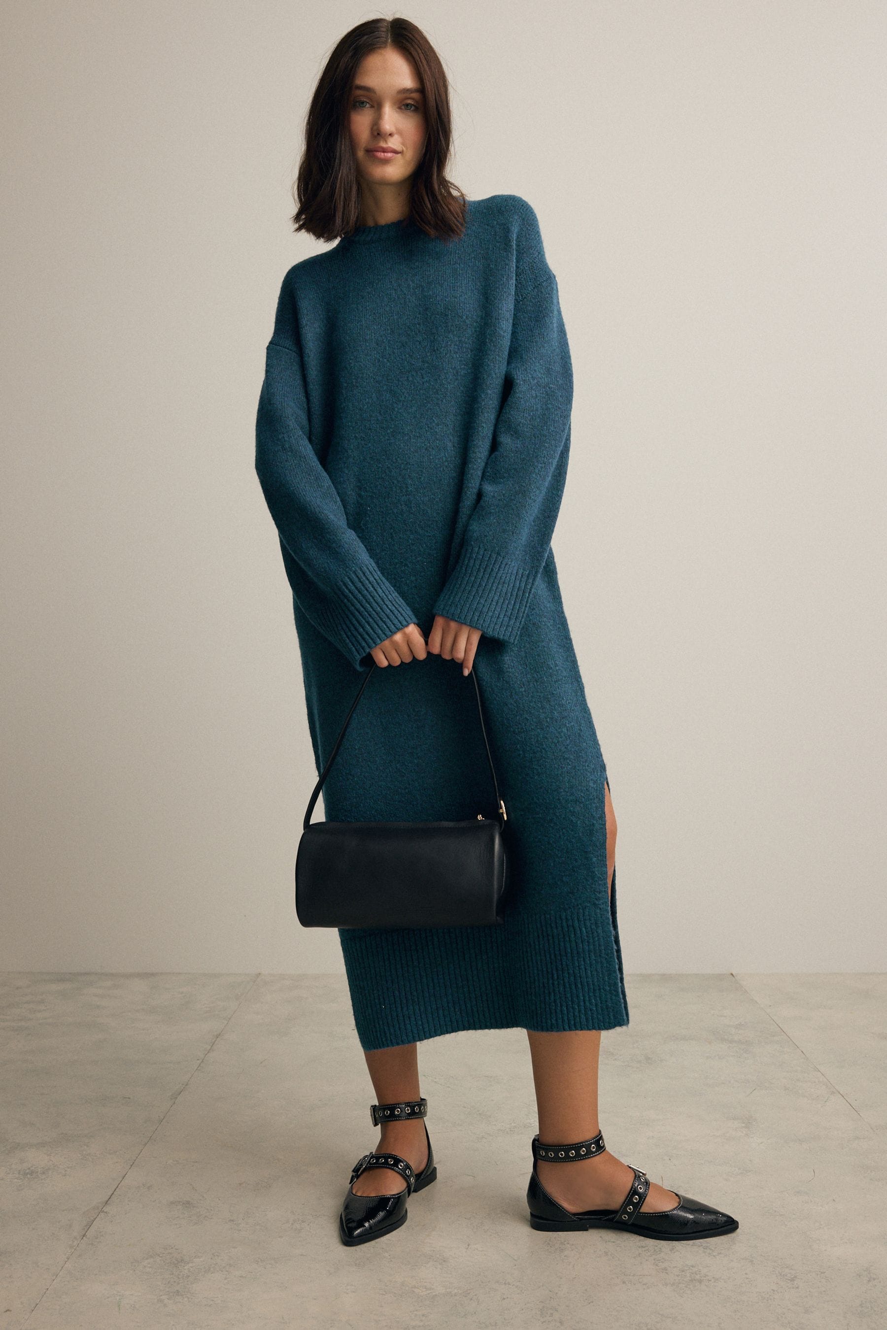 Blue Teal Relaxed Soft Touch Crew Neck Midi Knitted Jumper Dress