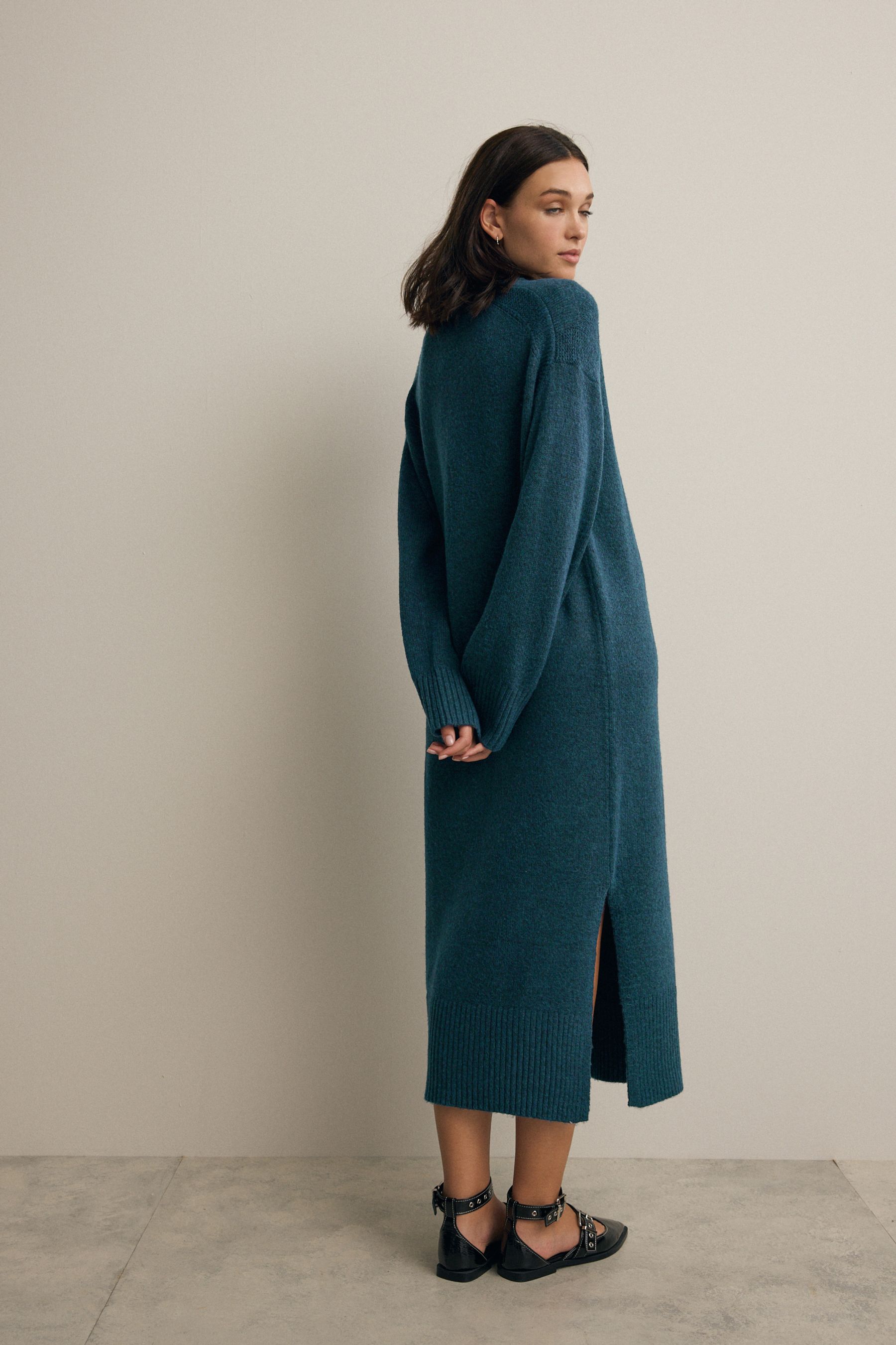 Buy Blue Teal Relaxed Soft Touch Crew Neck Midi Knitted Jumper Dress from the Next UK online shop