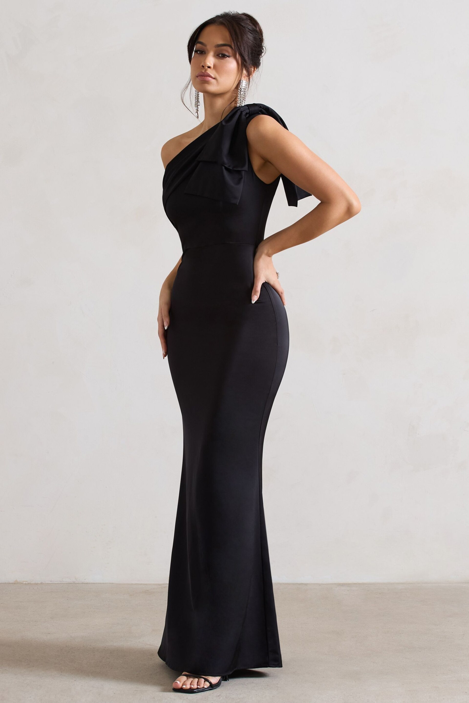 Club L Black Lady Satin Asymmetric Maxi Dress With Bow - Image 3 of 5