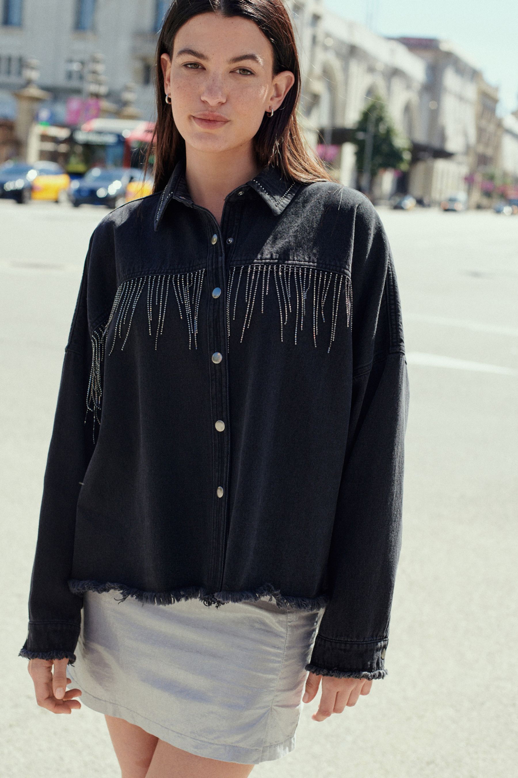 Buy Washed Black Fringe Embellished Denim 100 Cotton Shirt from Next France