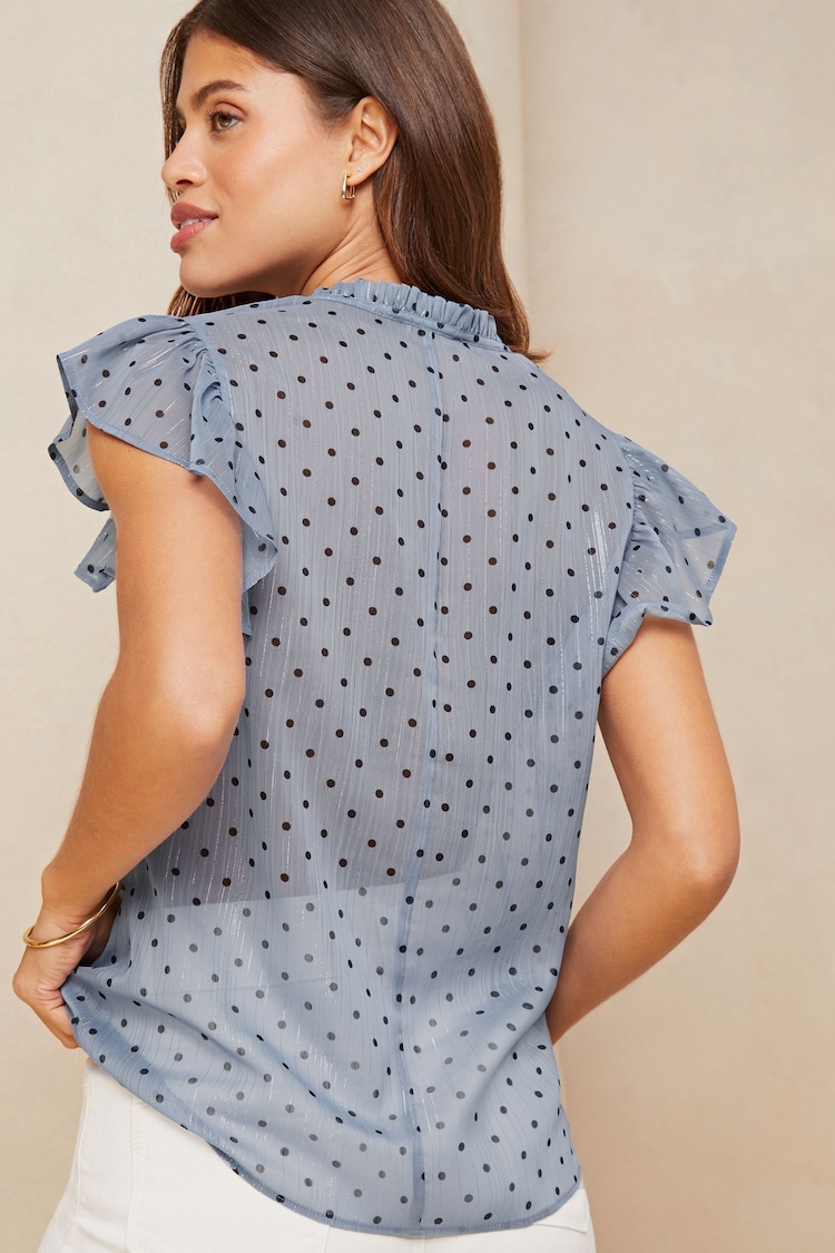 Lipsy Navy Blue Polka Dot Ruffle Sleeve V Neck Tie Front Blouse - Image 2 of 4