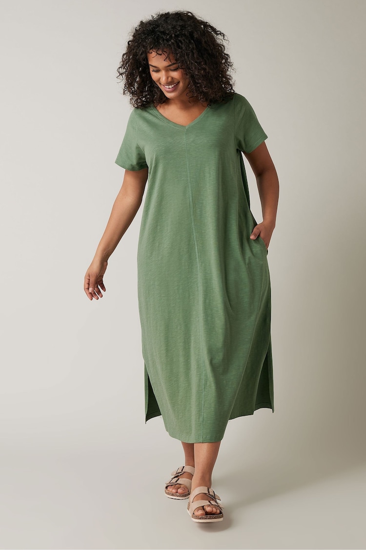 EVANS Curve Khaki Green 100% Cotton Midi Dress - 圖片 1/5