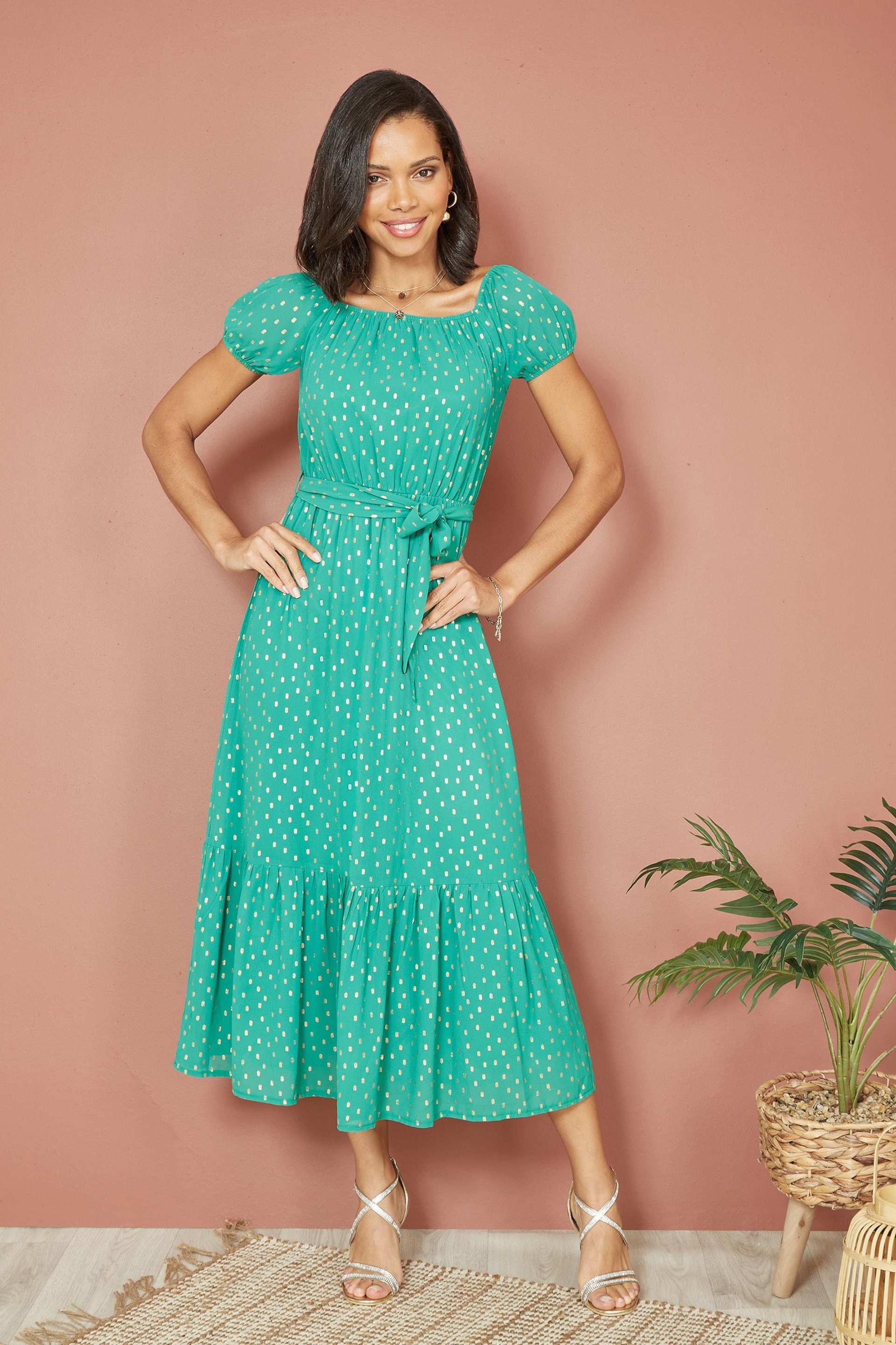 Mela Green Foil Print Bardot Midi Dress - Image 3 of 5