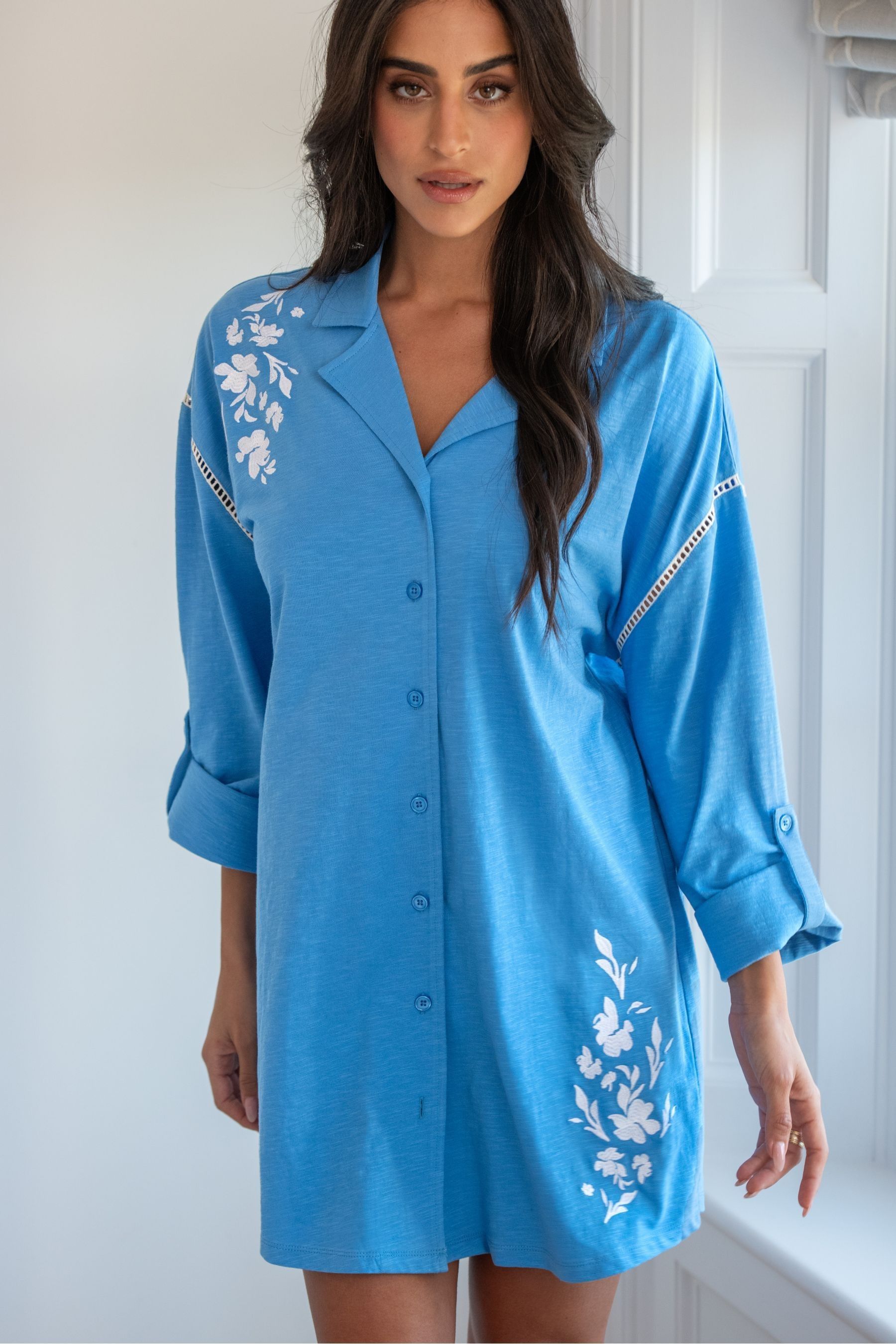 Buy Pour Moi Blue Oversized 100 Cotton Jersey Embroidered Revere Collar Nightshirt from the Next UK online shop