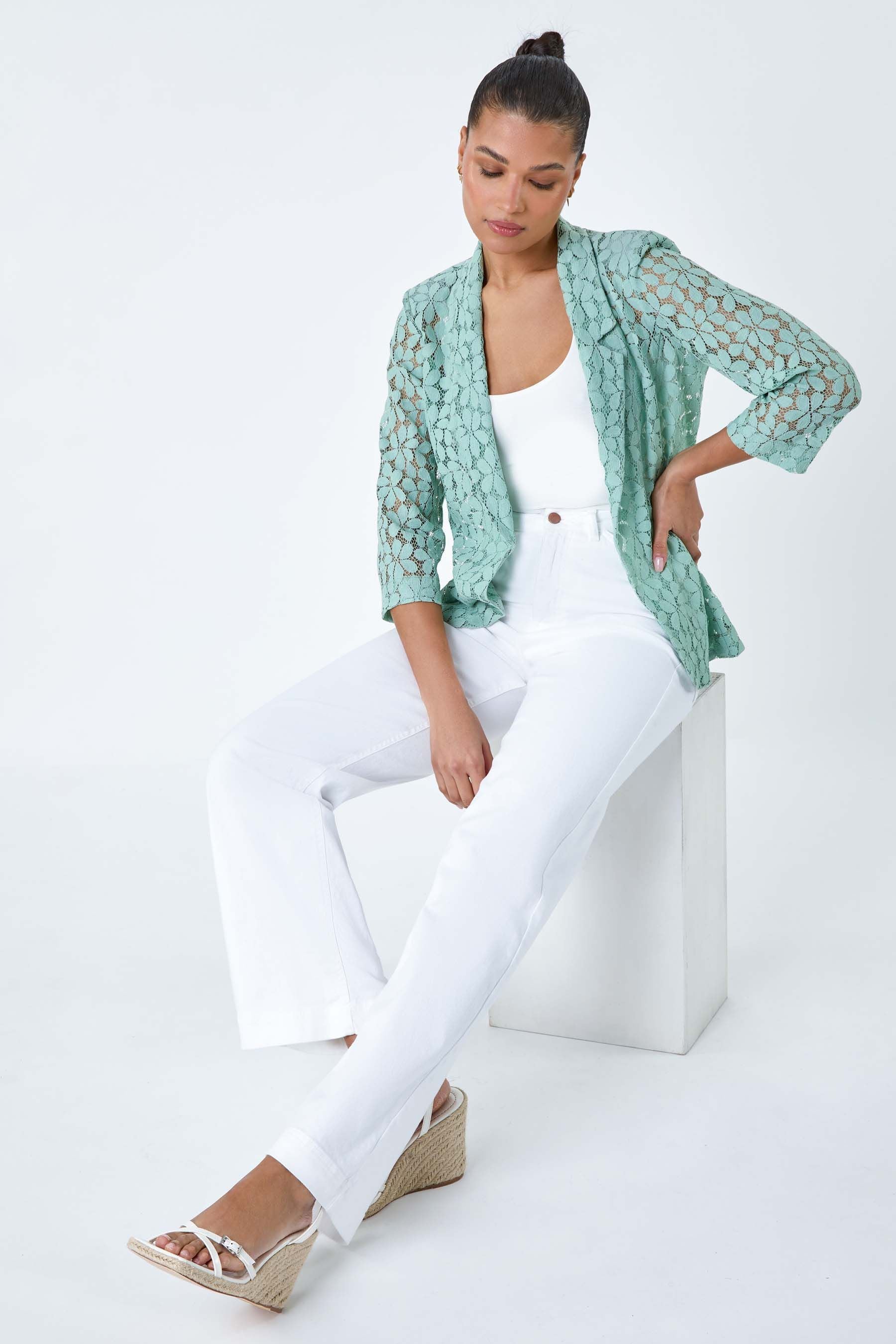 Roman Green Floral Lace Blazer Jacket