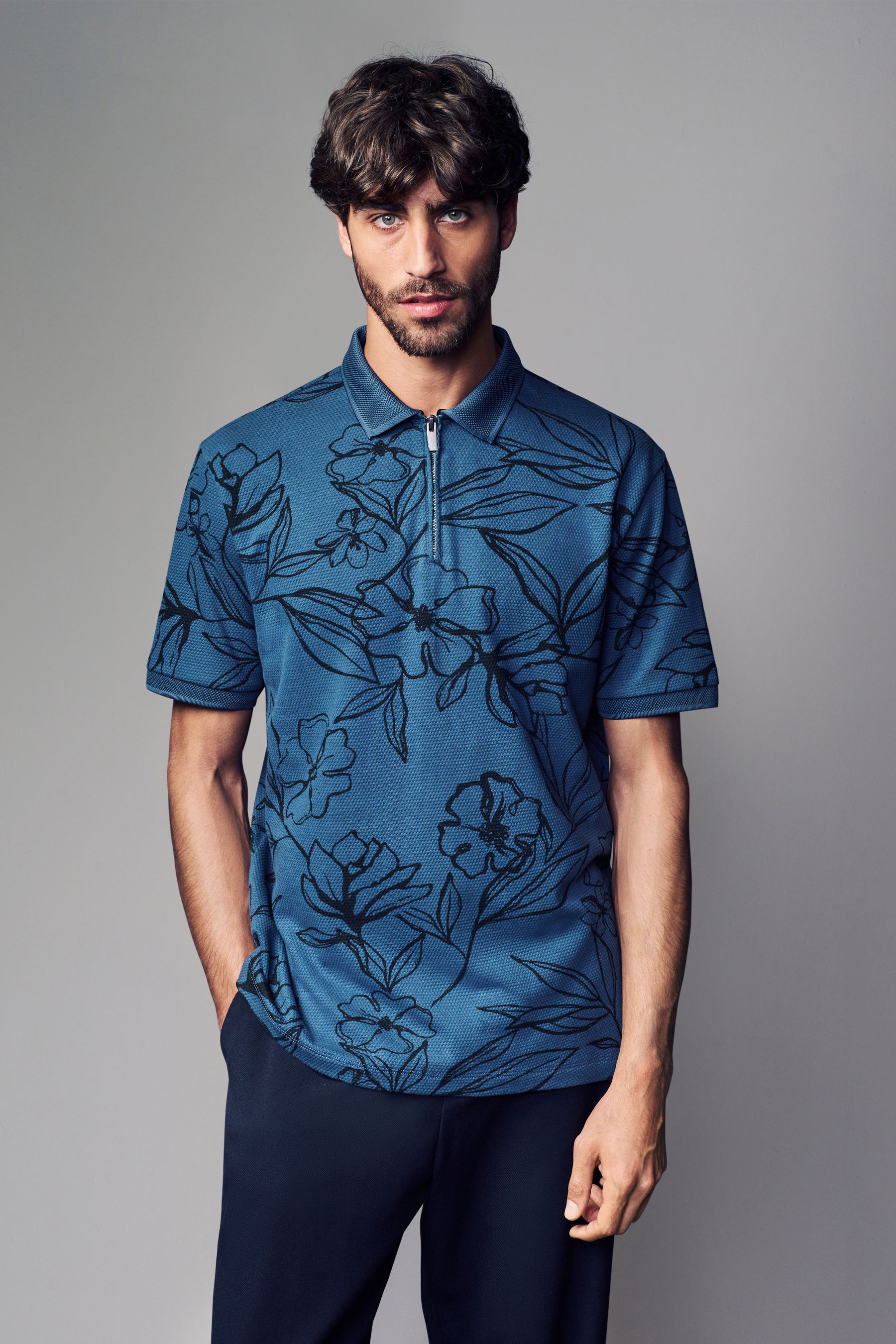 Buy Blue Black Floral Pattern Quarter Zip 100 Cotton Polo Shirt from the Next UK online shop