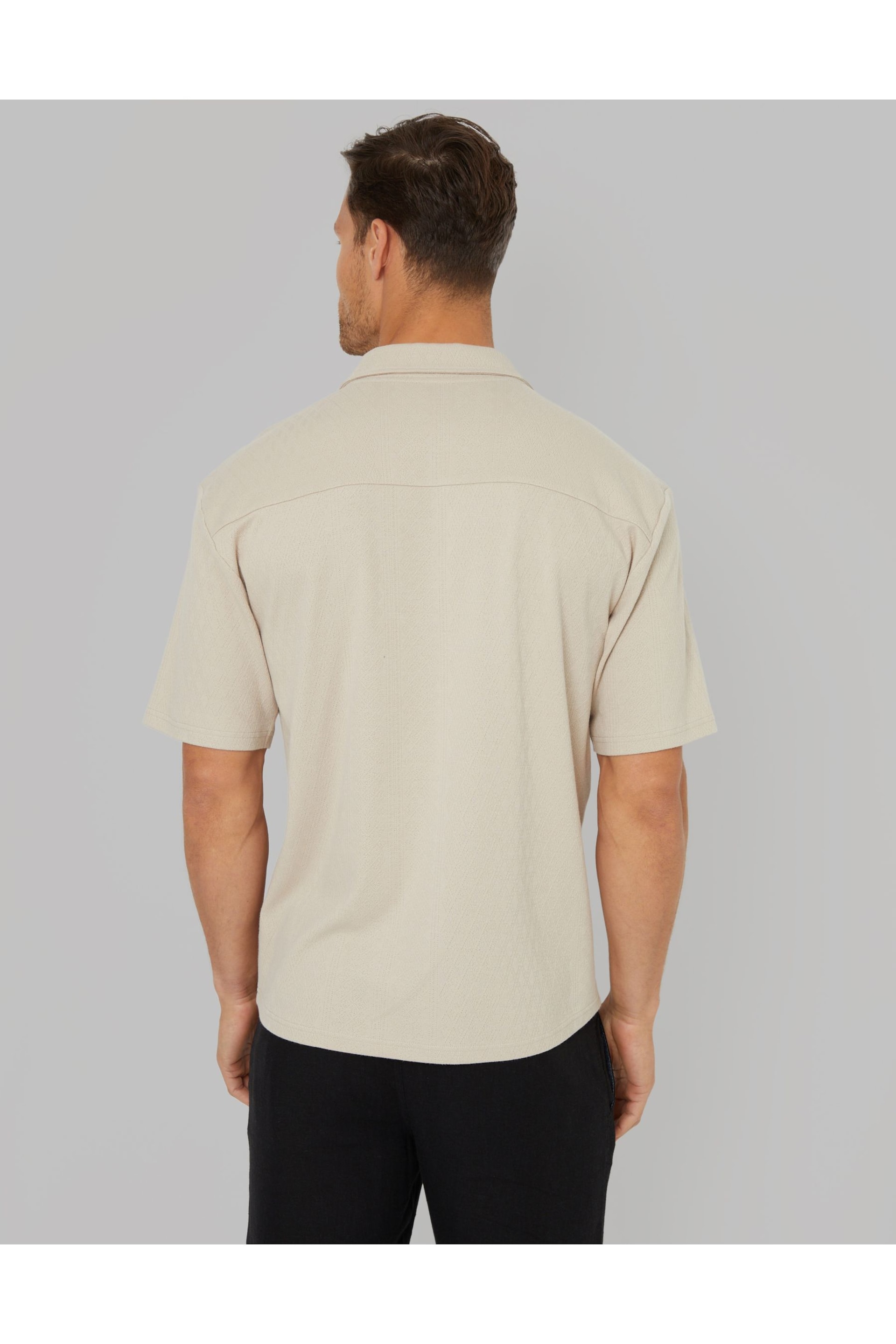 Threadbare Stone Textured Short Sleeve Cotton Shirt With Stretch - Image 2 of 4