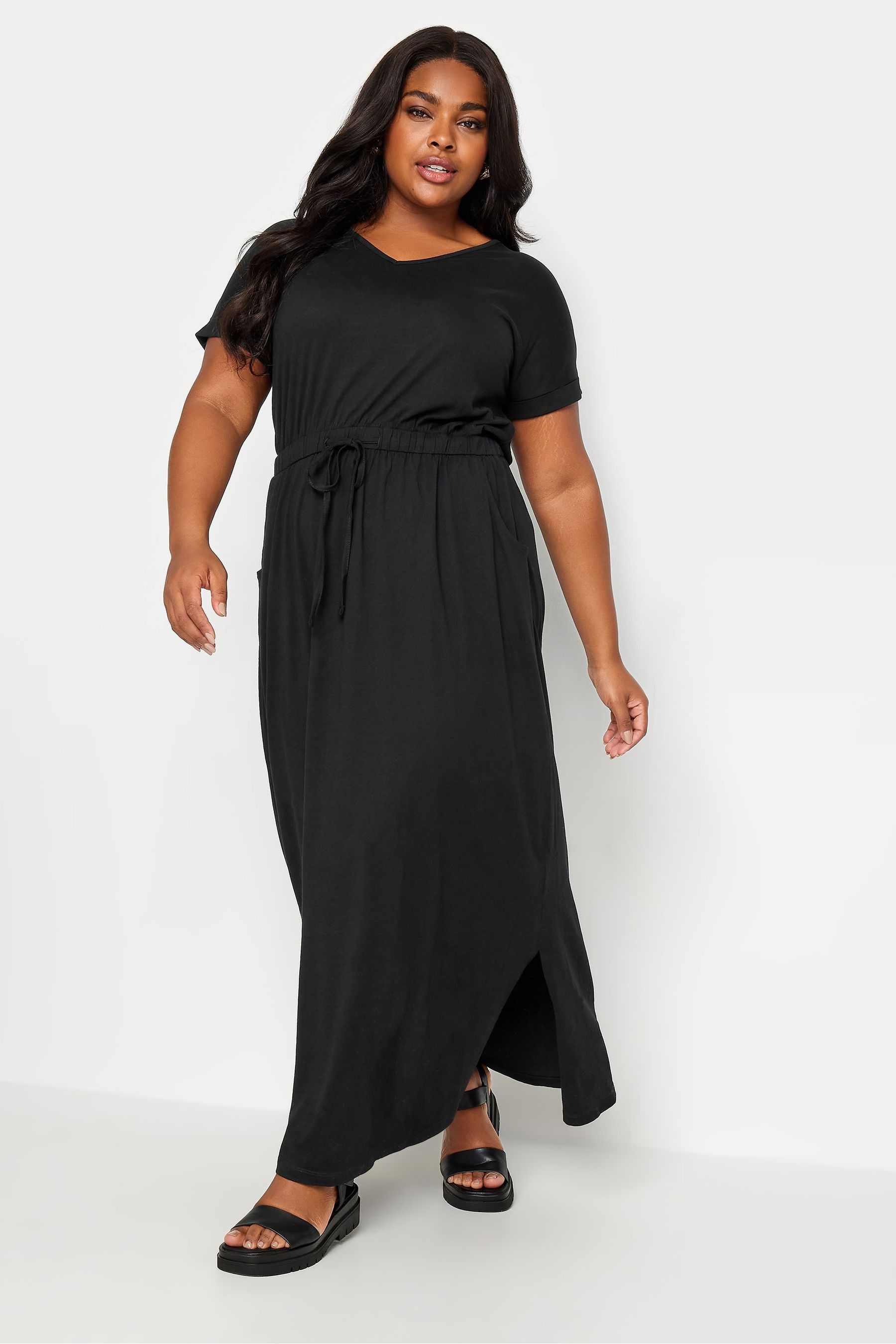 Buy Yours Curve Black 100 Cotton Side Split Drawcord Maxi Dress from Next France