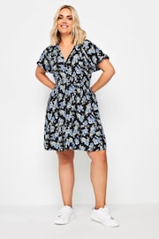 Yours Curve Blue Floral Print Button Through Dress - Image 1 of 5