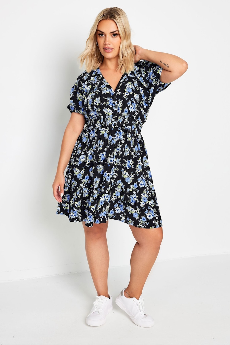 Yours Curve Blue Floral Print Button Through Dress - Image 2 of 5