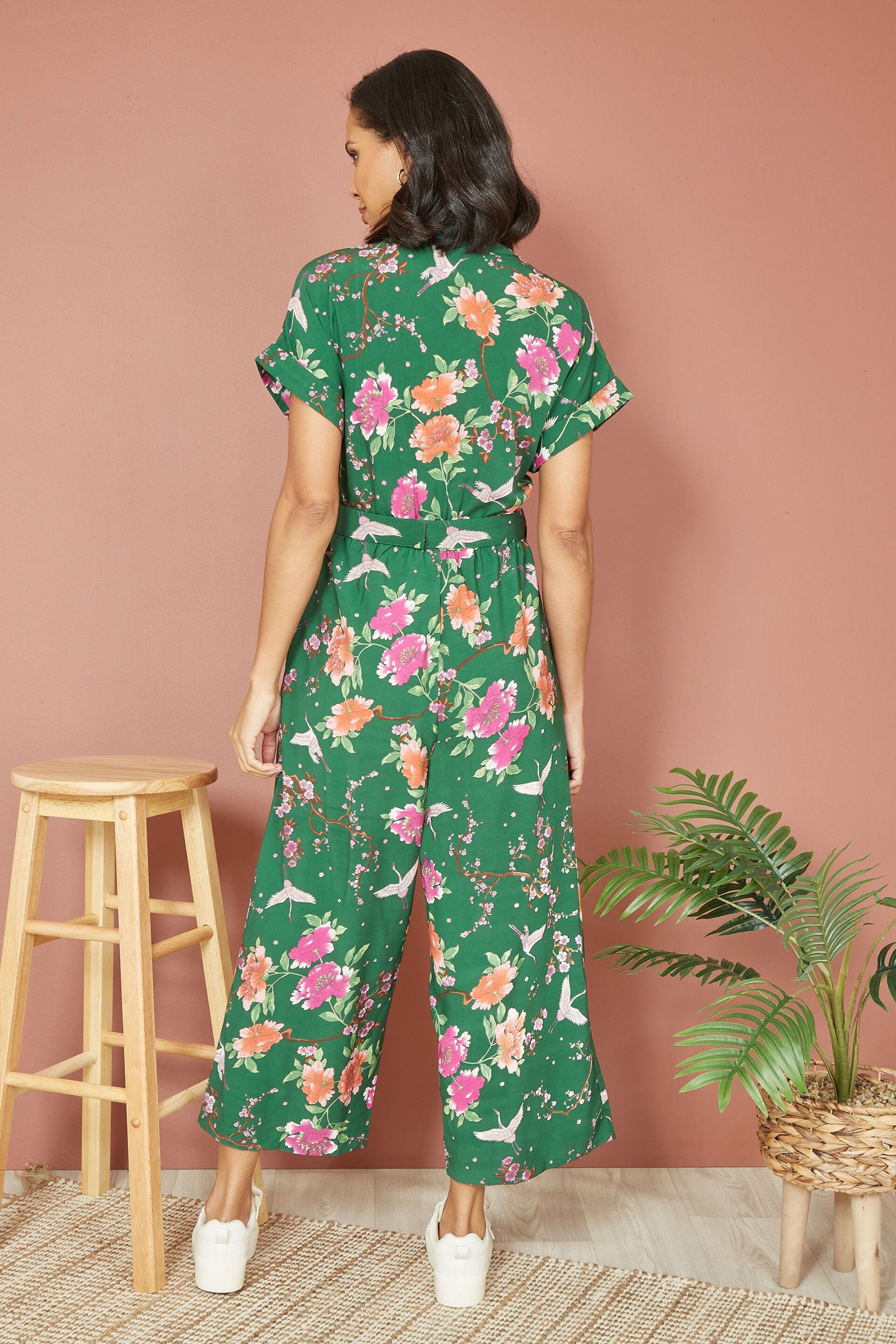 Yumi Green Crane Print Jumpsuit With Matching Belt - Image 2 of 5